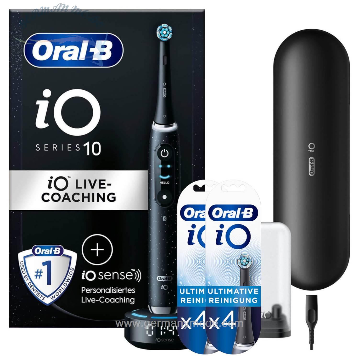 مسواک برقی اورال بی آمریکا Oral-B iO Series 10 Elektrische Zahnbürste, Lade-Reiseetui, Cosmic Black Aufsteckbürsten iO Sanfte Reinigung BLACK 2*4er