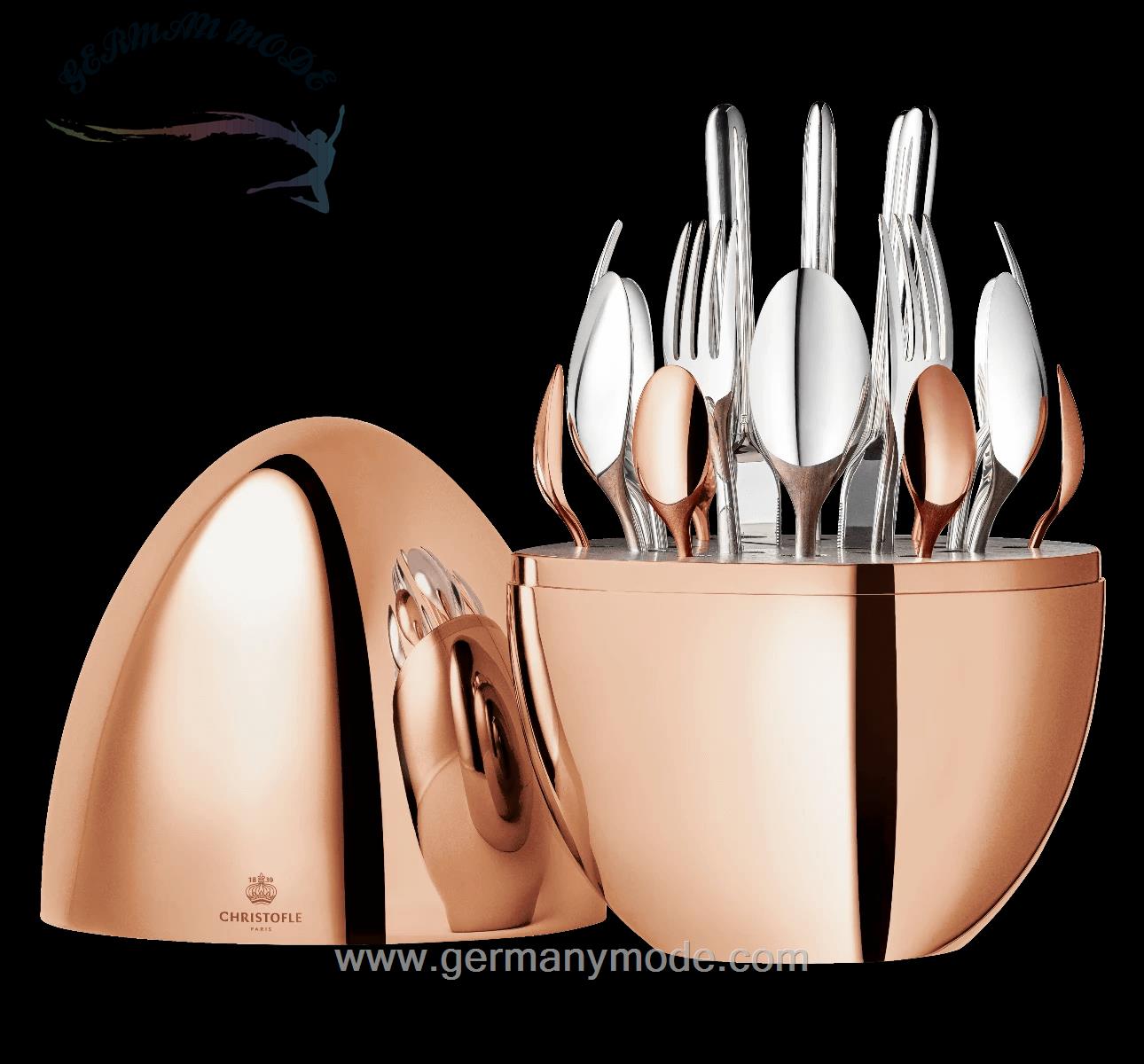 سرویس قاشق چنگال رو کش نقره 24 قطعه با قاب تخم مرغی کریستوفل فرانسه Christofle 24-Piece Rose Gold Flatware Set with Chest
