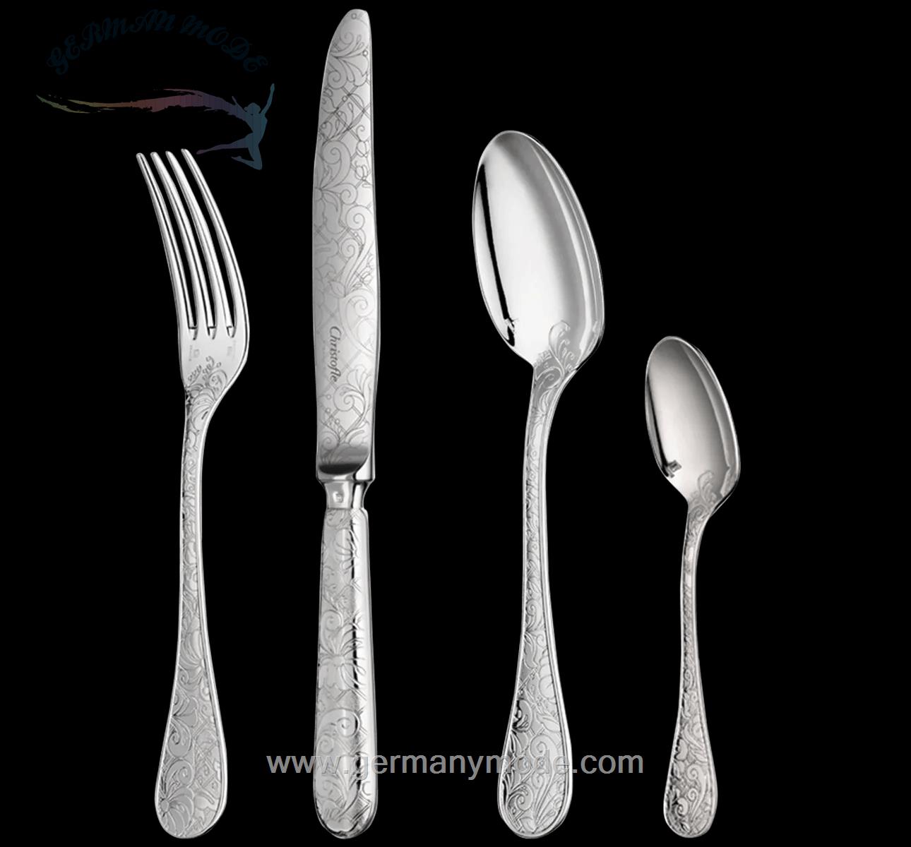 سرویس قاشق چنگال 48 پارچه با روکش نقره کریستوفل فرانسه CHRISTOFLE 48-Piece Silver-Plated Flatware Set with Free Chest