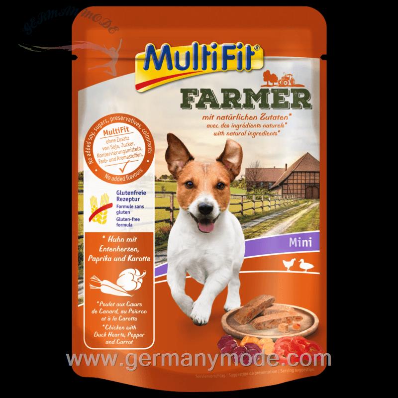 غذا مرطوب سگ بزرگسال مولتی فیت آلمان MultiFit Farmer Adult Mini 24x100g Huhn mit Entenherzen- Paprika und Karotte