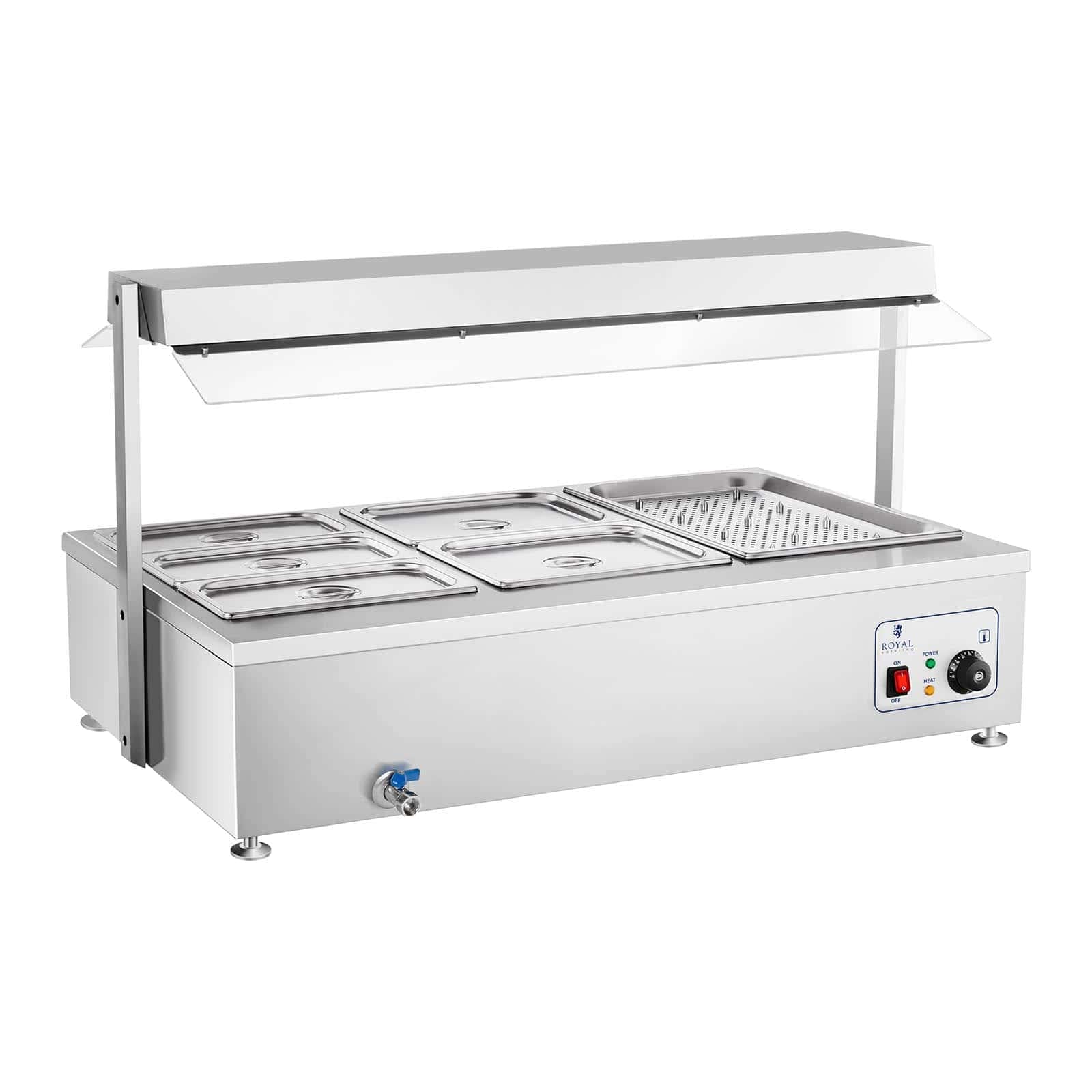 دستگاه پخت و پز سلطنتی RCBM-6WA مدل Bain-Marie 6 GN با ظرفیت ۲۹۰۰ وات، ۶ ظرف، درب از جنس استیل ضد زنگ، قطعه گوشت، شیر تخلیه، گرمکن غذا، جایگاه سوپ، بشقاب داغ، حمام آب، پیشخوان گرمکن، Bain-Marie