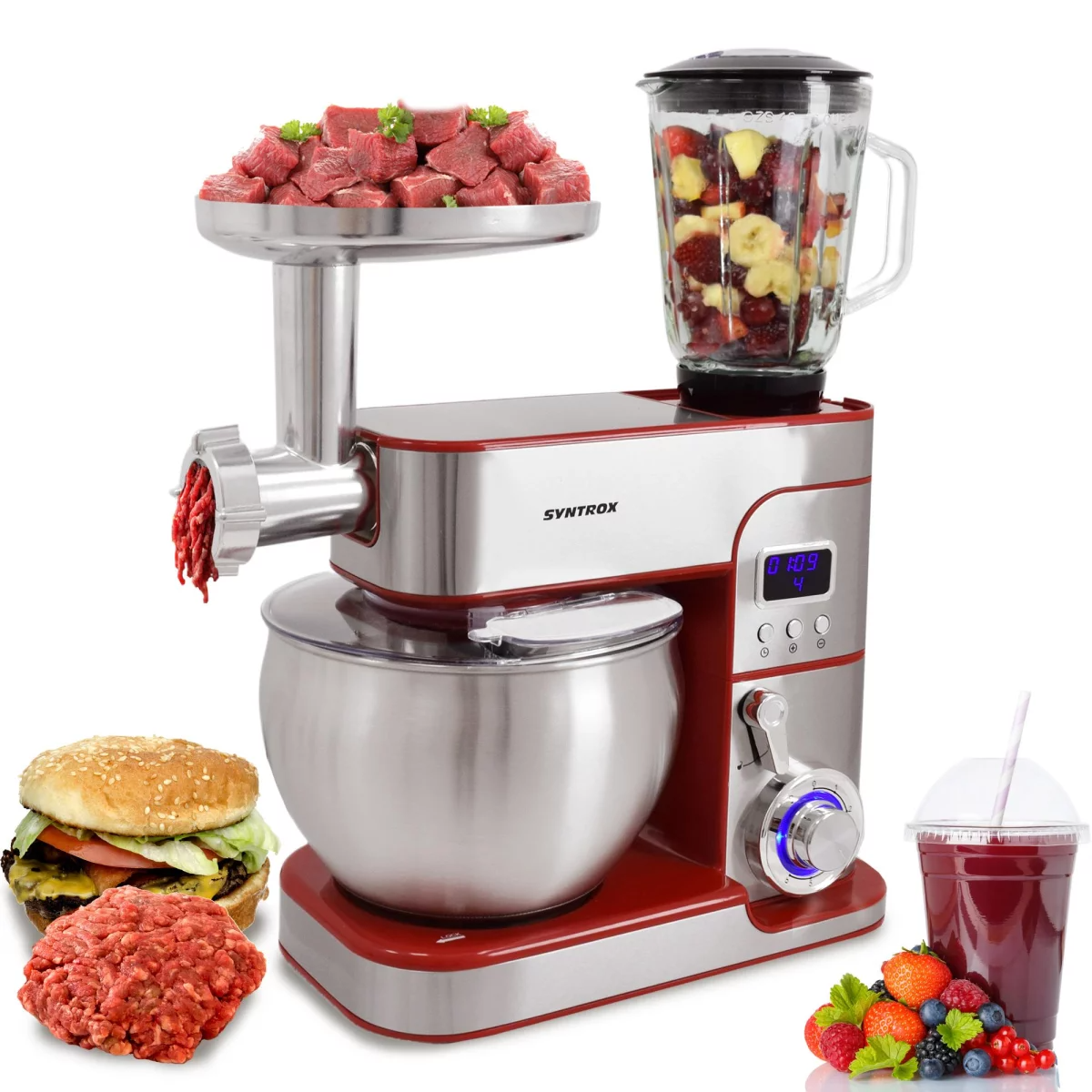 غذا ساز همه کاره سینتروکس آلمان Syntrox Küchenmaschine Nice Edelstahl 7 Liter Küchengerät Fleischwolf Farbwahl Rot