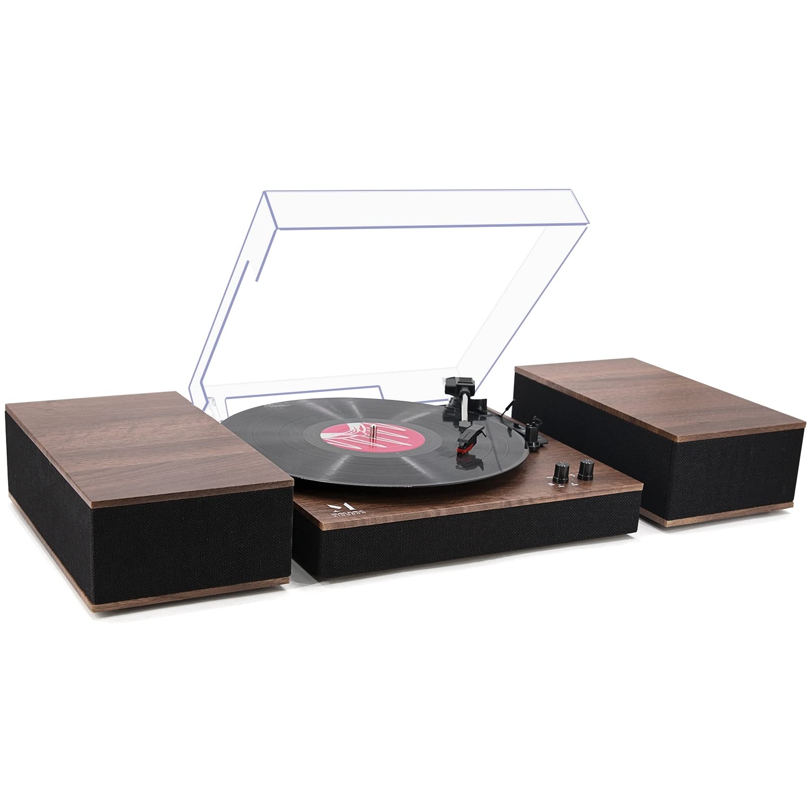 خرید از آمازون - پخش کننده ضبط MPK بلوتوث، سیستم HiFi صفحه گردان با بلندگوهای قفسه کتاب، پخش کننده ضبط وینیل تسمه ای 3 سرعته برای صفحات وینیل با پخش بی سیم و توقف خودکار، چوب گردو چوب گردو با دو بلندگوی خارجی