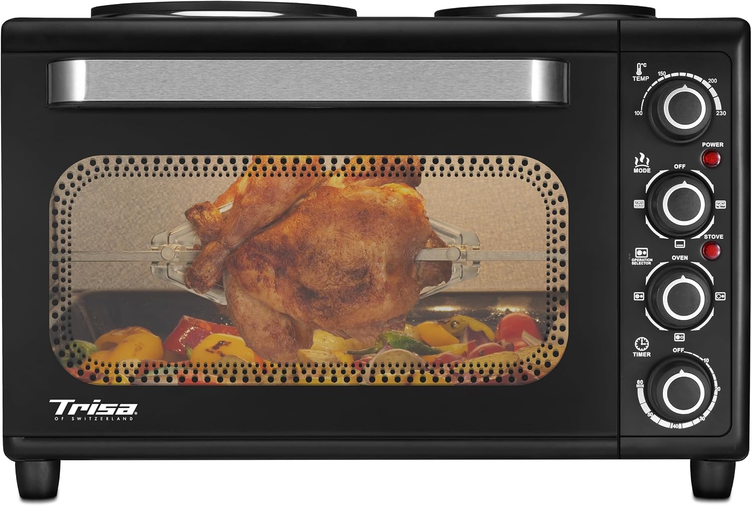 مینی فر 30 لیتر تریزا سوئیس Trisa Bake Cook Minibackofen مناسب برای کباب کردن و برشته کردن، کنترل دما 100-250 درجه سانتیگراد، تایمر 60 دقیقه‌ای