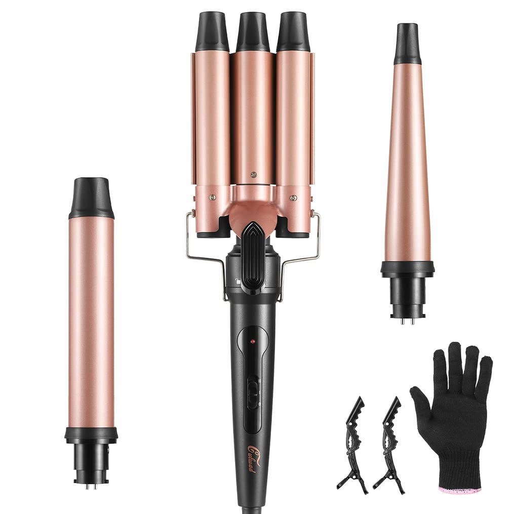 خرید از آمازون - 3 in 1 Lockenstab Set mit 3 Fässer Culwad Welleneisen für Mittlere oder Große Locken Beach Waves Lockenstäbe Keramikbeschichtung Lockenwickler mit Handschuh