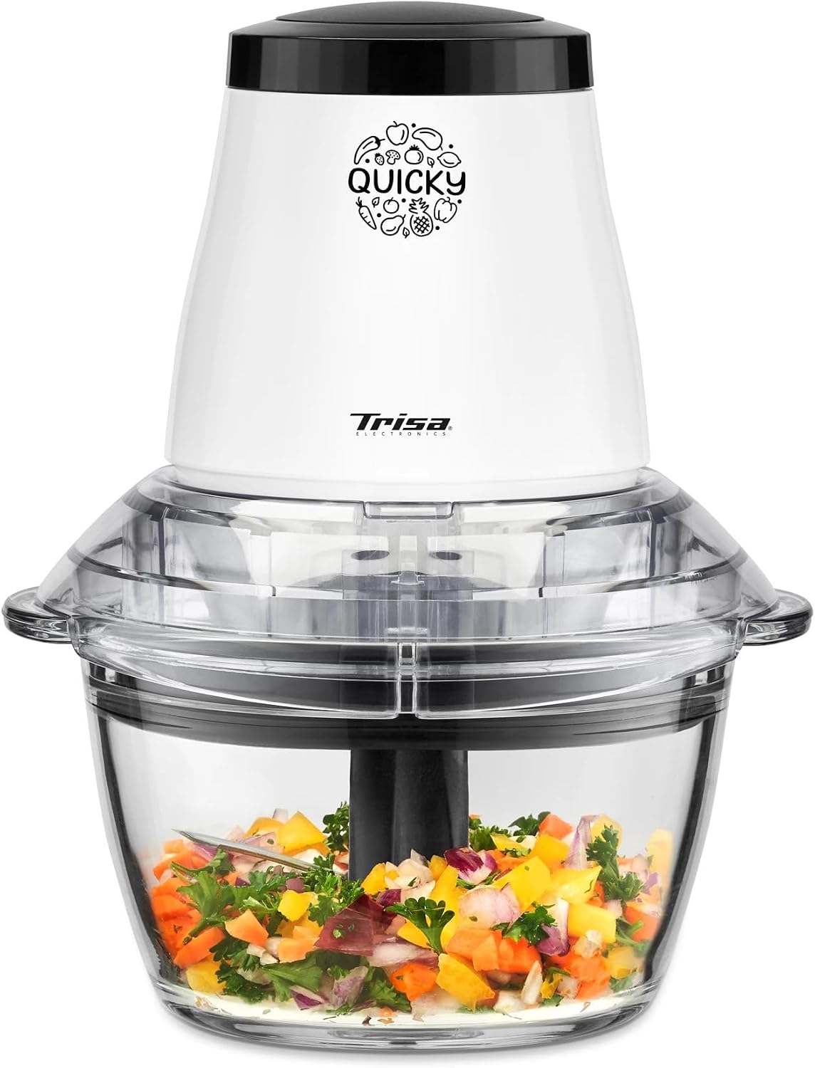 خرد کن برقی آشپزخانه تریزا سوئیس Trisa Quicky ظرف شیشه‌ای ۱ لیتری، تیغه‌های استیل ضد زنگ، پایه ضد لغزش، ایده‌آل برای خردکن سبزیجات و خردکن پیاز