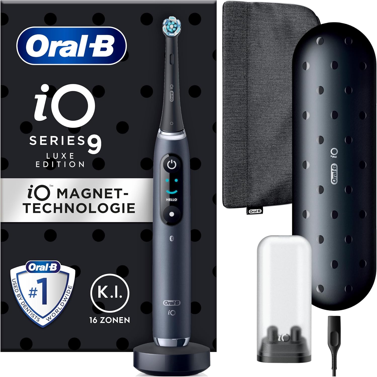مسواک برقی Oral-B iO Series 9 Luxe Edition، 7 حالت مسواک زدن، مراقبت از دندان، صفحه نمایش رنگی، کیف مسافرتی و کیف لوازم آرایش، مشکی اونیکس