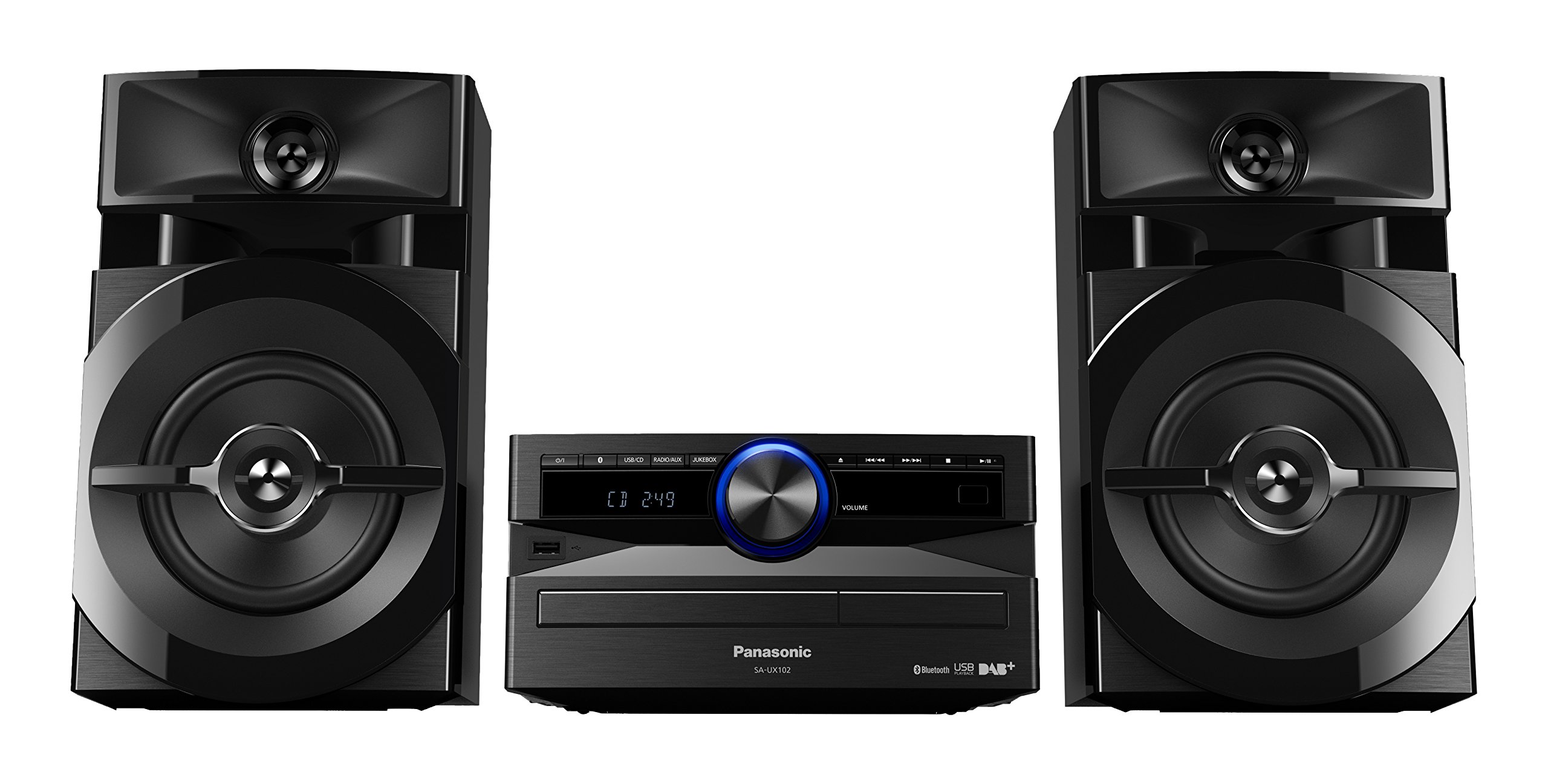 خرید از آمازون - Panasonic Mini-System, 300 W, 2-Wege-Lautsprecher, Woofer:13 cm, CD-Player, CD-R/R W, Bluetooth, USB, DAB/DAB +, 30 FM/15AM RDS, AUX, Audio-Qualität, blaue Beleuchtung, Schwarz DAB/DAB+ Radio blau DAB/DAB+ Radio Single