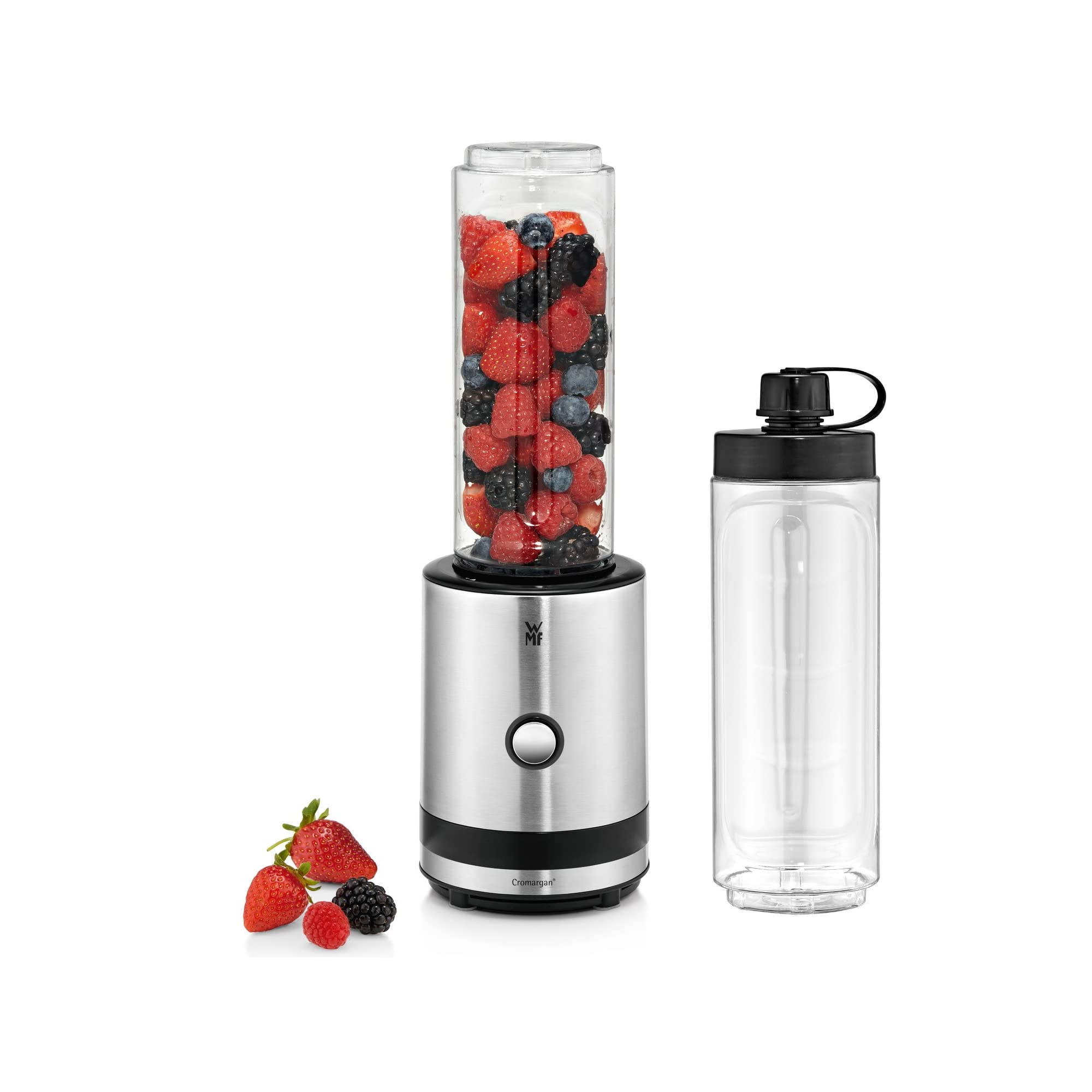 مینی مخلوط کن WMF مدل Smoothie To Go، اسموتی ساز کوچک، مخلوط کن کوچک با دو ظرف مخلوط کردن/نوشیدنی 0.6 لیتری، 300 وات، استیل ضد زنگ نقره ای مات