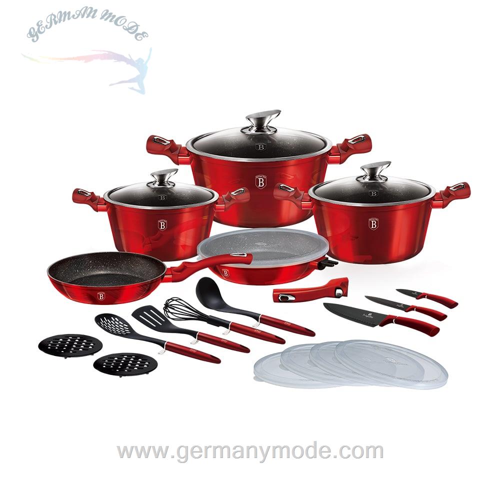 سرویس قابلمه ماهیتابه کفگیر ملاقه چاقو 22 پارچه بورگوندی برلینگر هاوس مجارستان BerlingerHaus 22-PIECE COOKWARE SET BH-7180 BURGUNDY COLLECTION