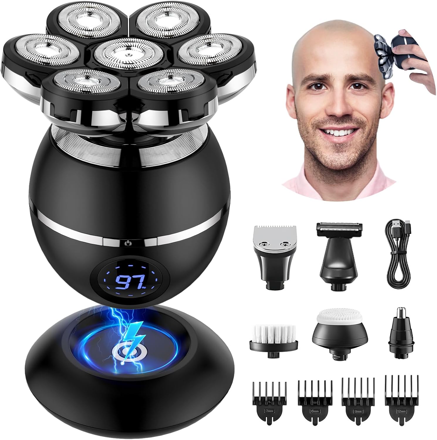 ریش تراش شارژی و ماشین اصلاح مخصوص سر کچل ریش تراش برقی مردانه ETENTOUS، ریش تراش برقی 7 بعدی برای مردان - ریش تراش 6 در 1 برای مردان با سر طاس IPX7 کیت مراقبت از موی ریش ریش ریش ضد آب - ریش تراش مرطوب و خشک سر طاس.