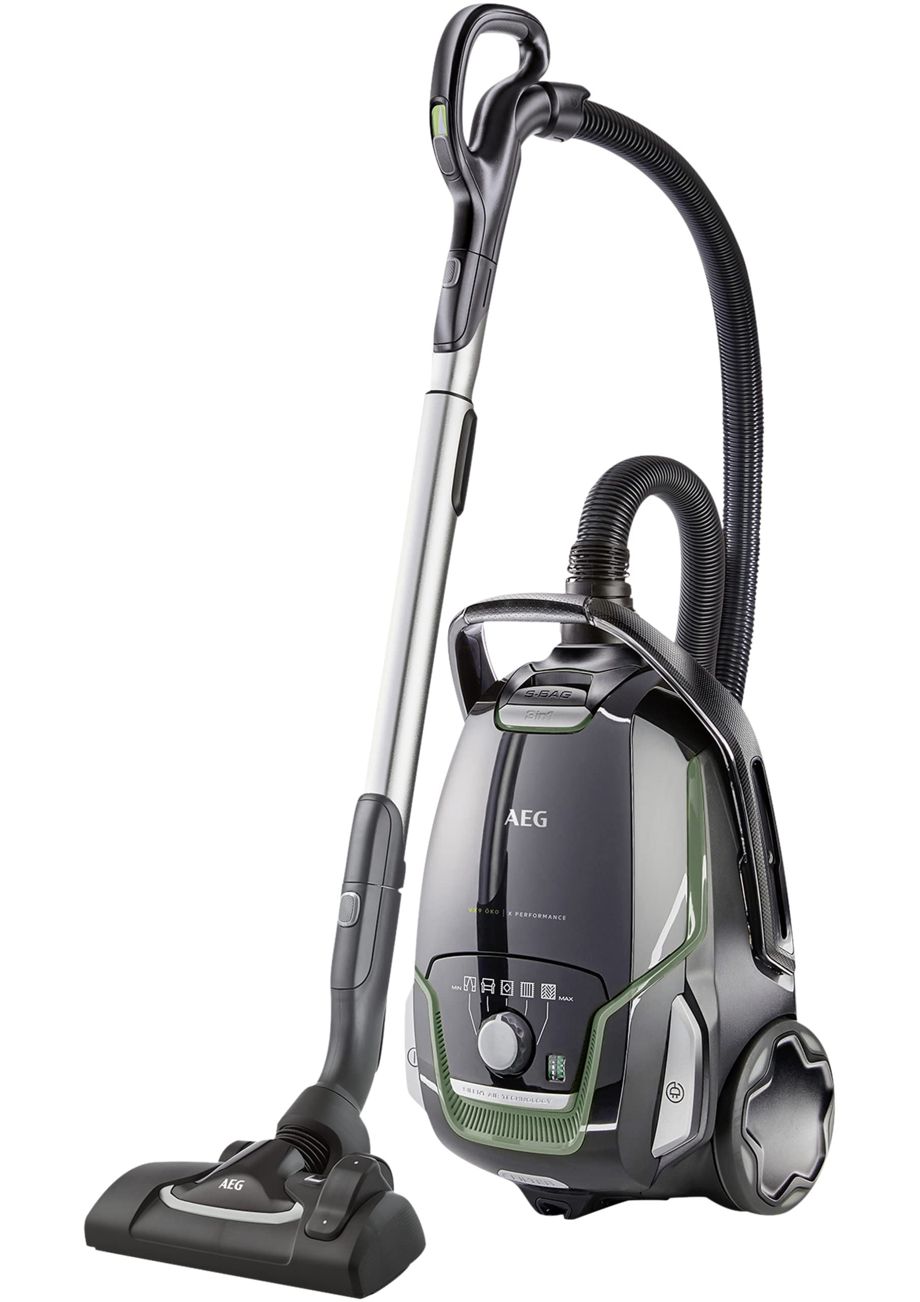 جارو برقی AEG VX9-2-ÖKO با کیسه / 70٪ مواد بازیافتی / شامل نازل های اضافی / 12 متر / 850 وات / فقط 65 دسی بل (A) / حجم کیسه گرد و غبار 5 لیتر / فیلتر قابل شستشو / سیاه / سبز / انحصاری آمازون