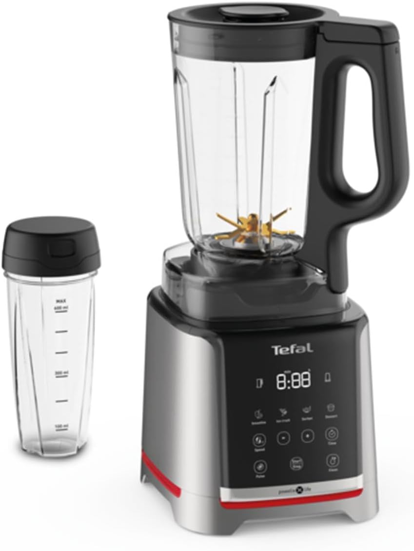 مخلوط کن پرسرعت تفال فرانسه Tefal InfinyMix، 5 برنامه خودکار + تنظیم دستی، ظرف 2.6 لیتری تریتان، شامل 600 میلی لیتر لیوان سفری/ماشر/ جزوه دستور غذا، نقره ای، BL91HD31
