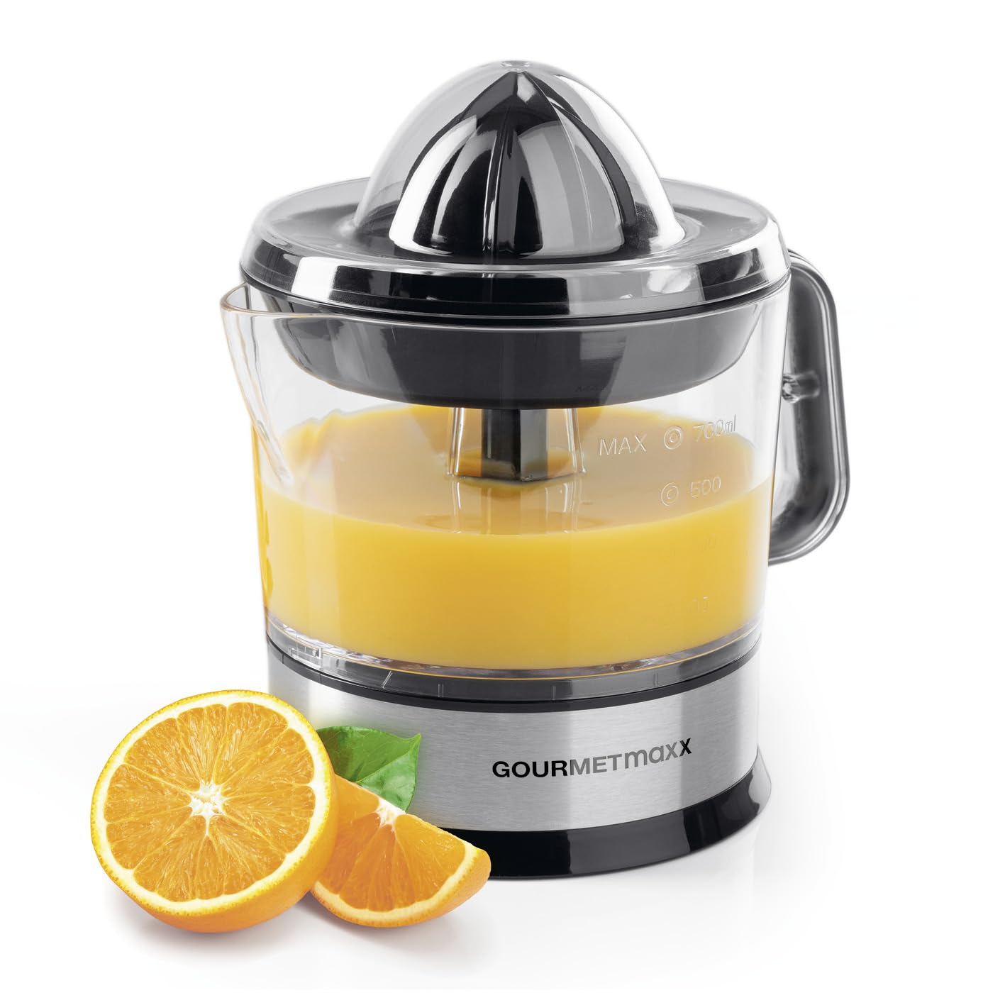 آب مرکبات گیری برقی گورمت‌ مکس آلمان GOURMETmaxx برای مرکبات و آب پرتقال | آبمیوه‌گیری با ظرفیت حداکثر ۷۰۰ میلی‌لیتر | آب مرکبات‌گیری با لوازم جانبی مختلف برای تازه‌ترین طعم | ۴۰ وات [شفاف/نقره‌ای]