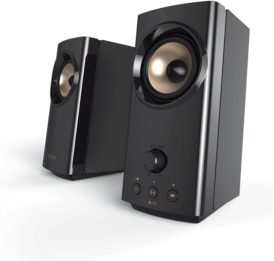 اسپیکر بلندگوهای رومیزی CREATIVE T60 2.0 Compact Hi-Fi با دیالوگ واضح و فراگیر با صدای بلستر، کیت SmartComms، صدای USB-C، پورت های میکروفون و هدست، بلوتوث 5.0