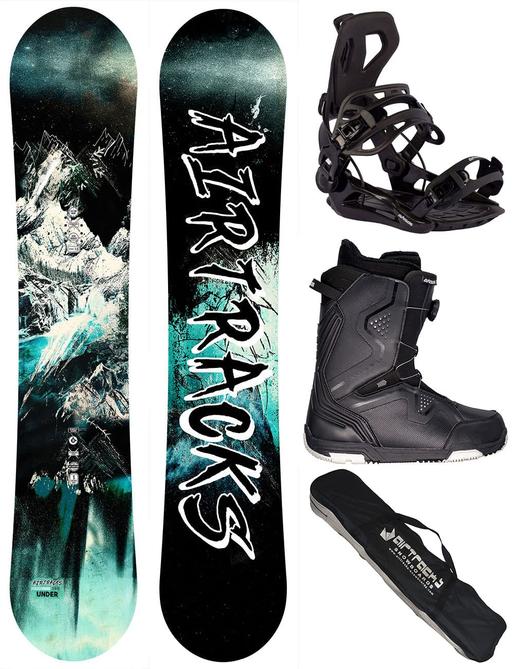 Airtracks Herren Snowboard Set - Under Flat Zero Rocker Snowboard Wide + Snowboard Bindung Master + Snowboardboots + Sb Bag / 156 159 163 165 cm Snowboard 163 cm Boots Strong Atop 40