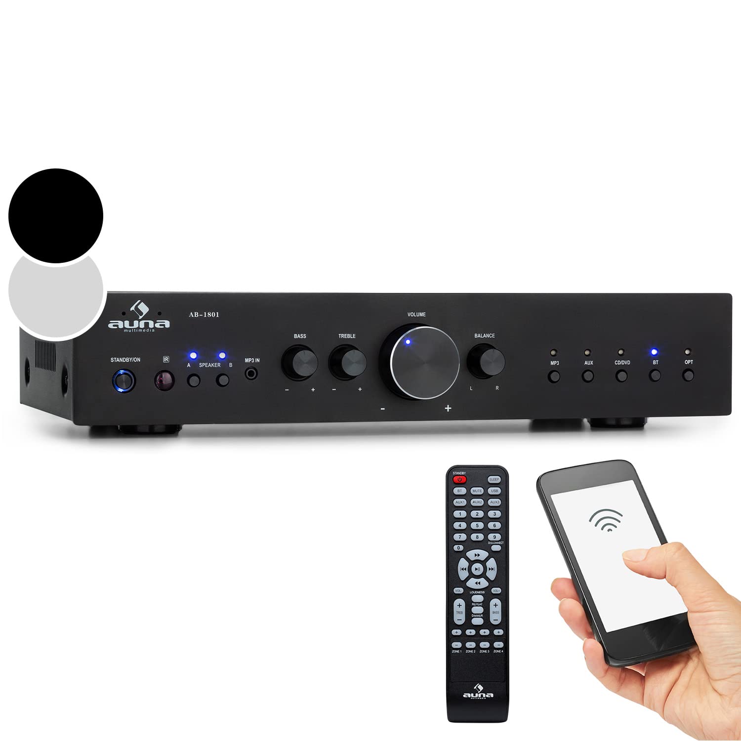 خرید از آمازون - Auna Verstärker, HiFi Stereo Mini Verstärker, HiFi-Verstärker mit Bass & Treble Regler, 2 Kanal Audio-Verstärker, Stereo-Verstärker & Lautsprecher mit Fernbedienung & AUX Eingang, AV Receiver graphitgrau