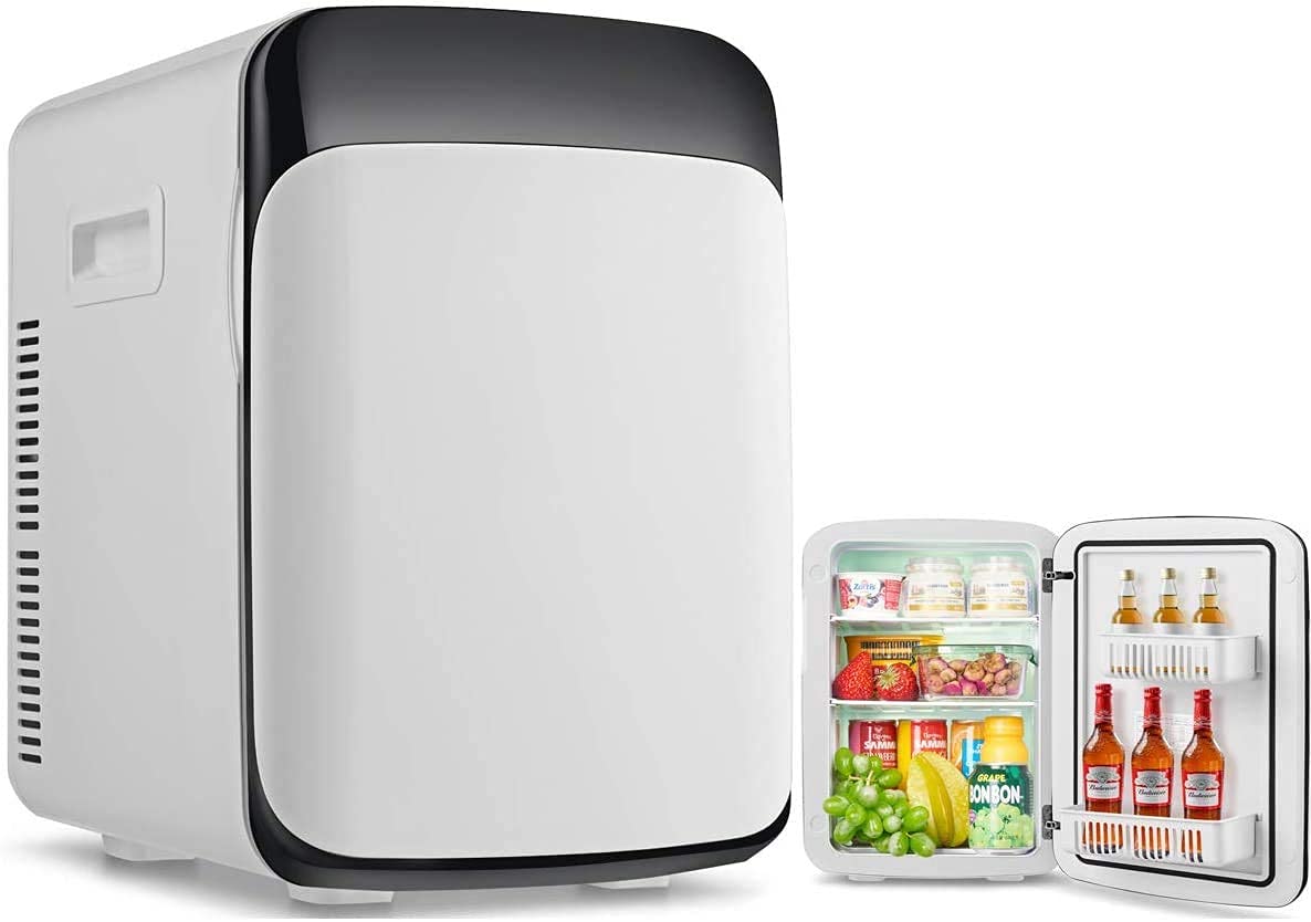 خرید از آمازون - RELAX4LIFE 15L Mini Kühlschrank, elektrischer Kühlschrank mit Kühl- & Heizfunktion, Minibar einstellbare Temperatur -3 °C-50 °C, Getränkekühler tragbar für Auto & Zuhause, 33 x 27 x 38 cm (Weiß)