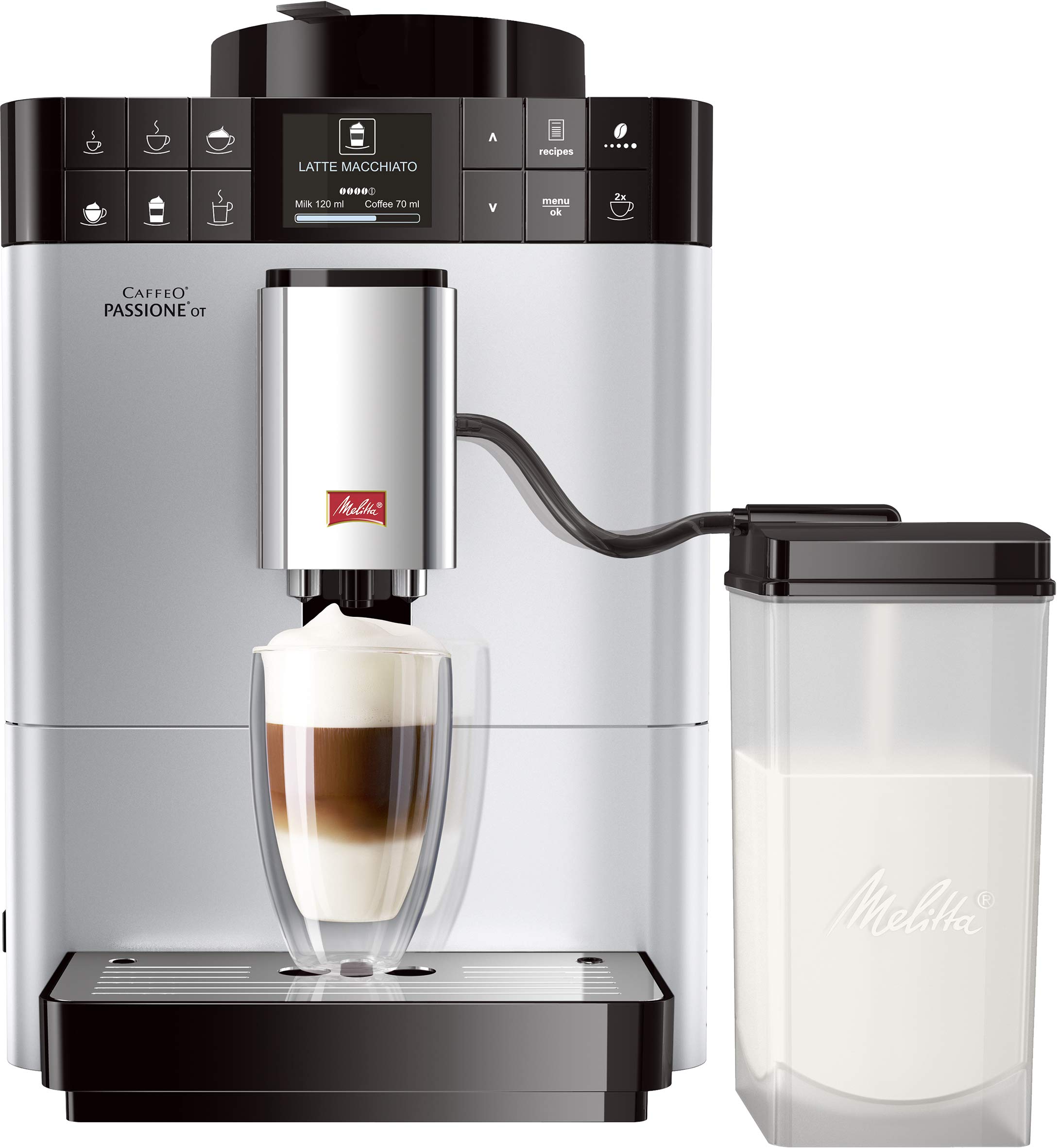 Melitta Caffeo Passione OT F531-101، دستگاه قهوه کاملاً اتوماتیک با ظرف شیر، عملکرد تک لمسی، نقره‌ای