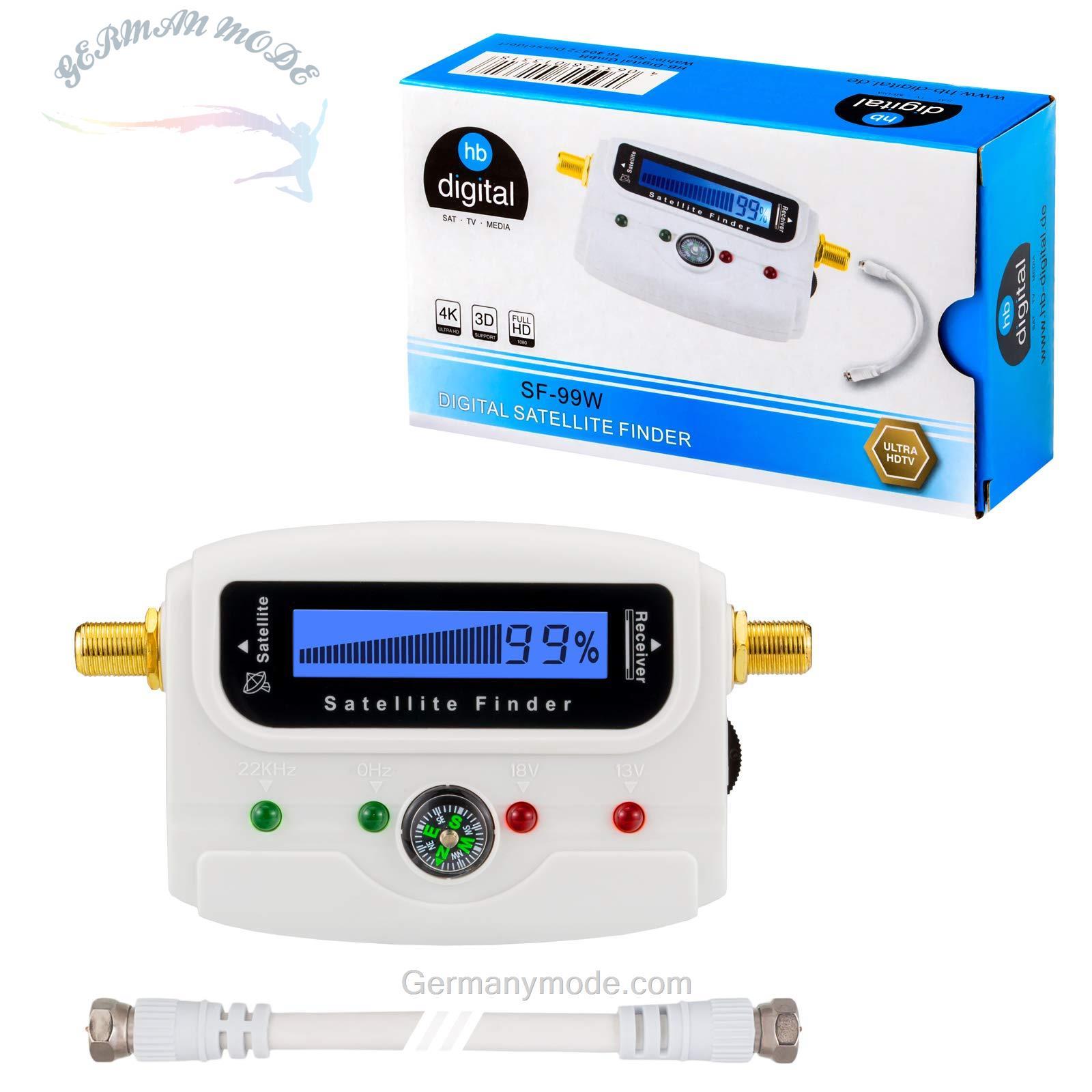 ردیاب ماهواره‌ای دیجیتال HB با نمایشگر LCD، قطب‌نما و صدا + کابل اتصال F + دستورالعمل آلمانی + کانکتورهای روکش طلا * برای تنظیم آنتن ماهواره * با نمایشگر افقی/عمودی و 22 کیلوهرتز، ردیاب ماهواره‌ای LCD Pro سفید، بسته‌بندی بدون ایراد