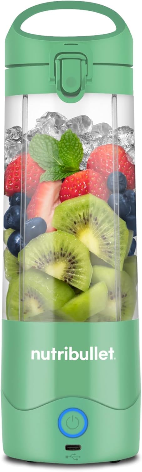 اسموتی‌ ساز همراه نوتری‌ بولت آمریکا قابل حمل Nutribullet NBP003LG، (475 میلی لیتر)، قابل شارژ، مخلوط کن کوچک، تیغه 4 تیغه، فنجان Tritan، 15+ چرخه در هر بار شارژ، قابل حمل، شارژ USB-C، سبز روشن