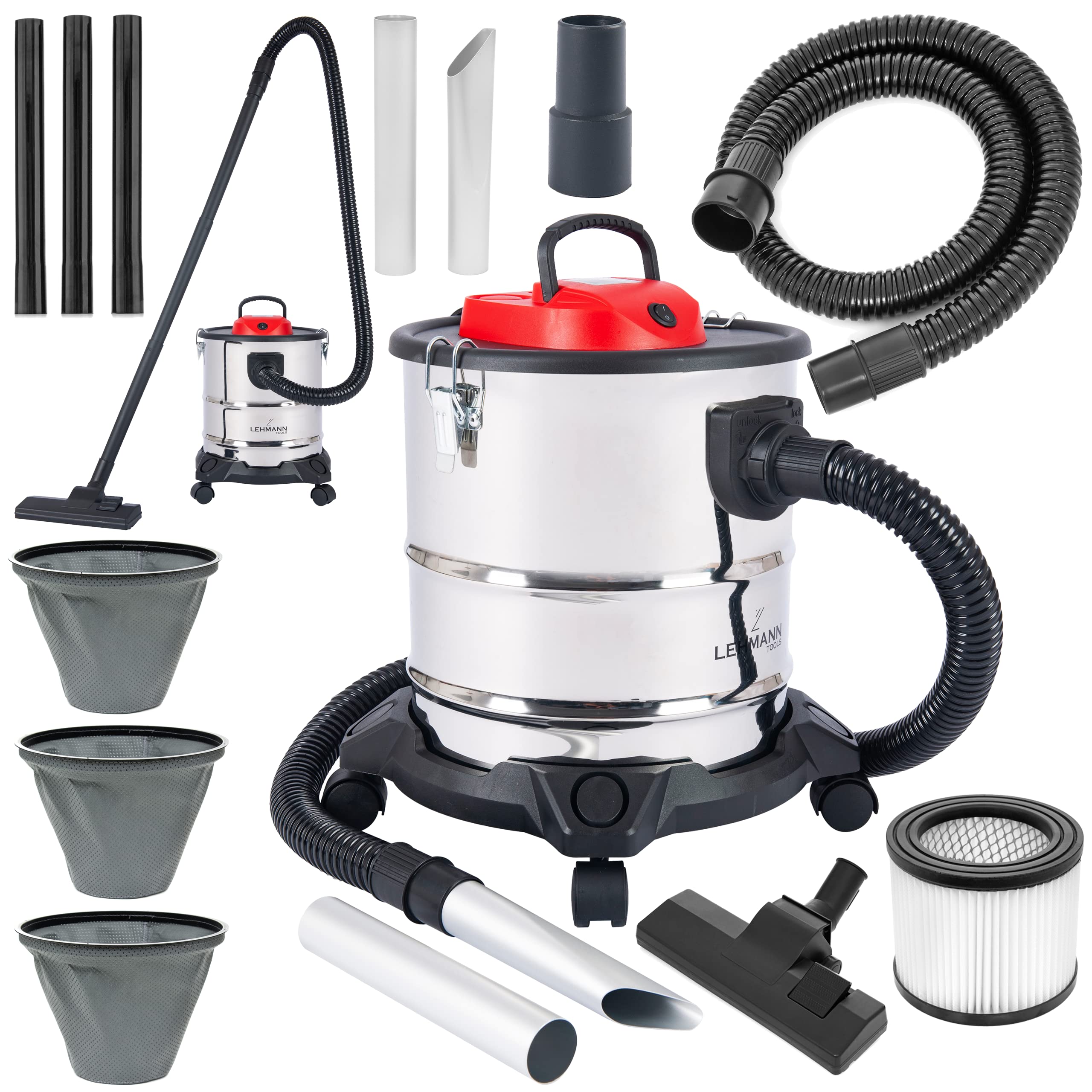 جارو برقی صنعتی Lehmann Haddo 2000W | جاروبرقی خاکستر شومینه با سیستم فیلتر دوبل | دودکش وکیوم بلع خاکستر | جاروبرقی خشک مرطوب با مخزن 20 لیتری استیل ضد زنگ نقره ای