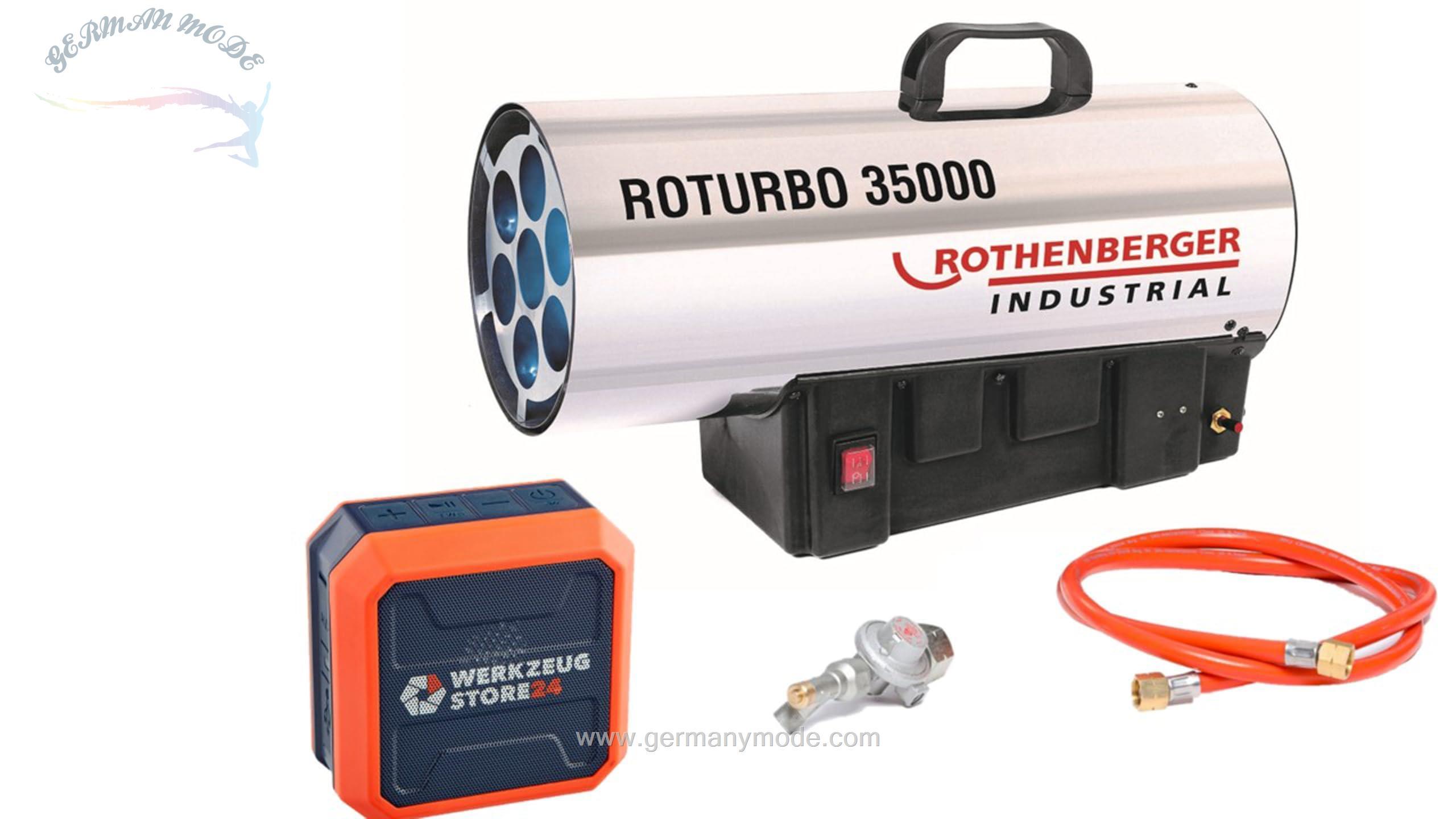 بخاری صنعتی گازی روتنبرگر آلمان ROTHENBERGER RoTurbo 35000 با پیزو، شلنگ و رگلاتور | دمای شعله 1000 درجه سانتی‌گراد | همراه با اسپیکر بلوتوثی با 30 ساعت زمان کار"