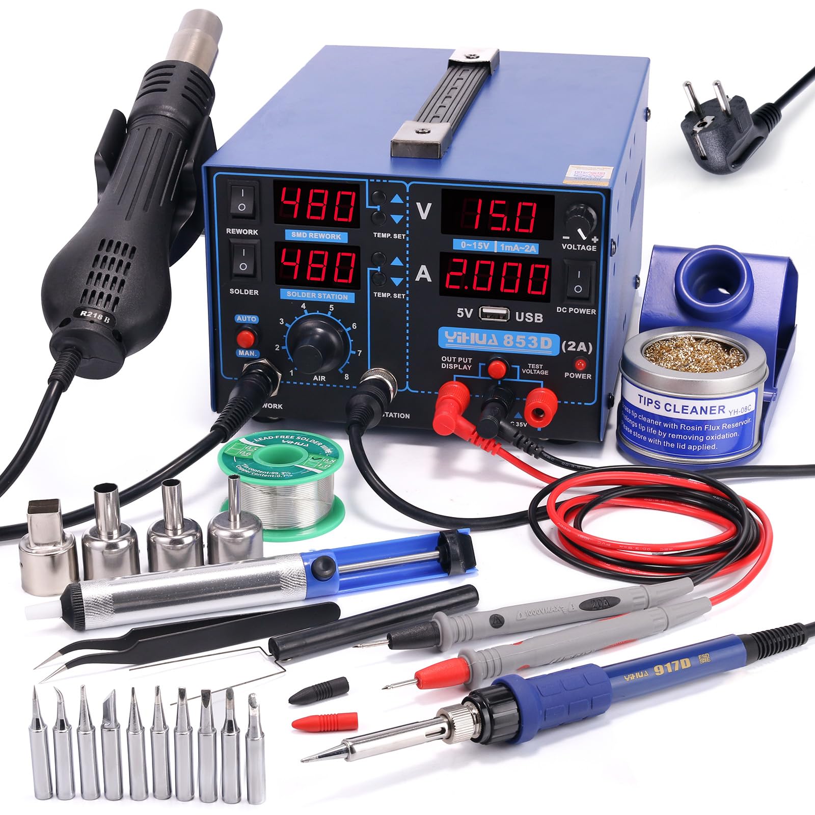 خرید از آمازون - ایستگاه لحیم کاری YIHUA 853D 2A USB SMD Hot Air Touch Up، منبع تغذیه 0-15 ولت DC 3-IN-1 ایستگاه با پورت شارژ USB 5 ولت، ولت متر 35 ولت DC برای تلفن همراه و تعمیرات الکترونیک PLUG اتحادیه اروپا