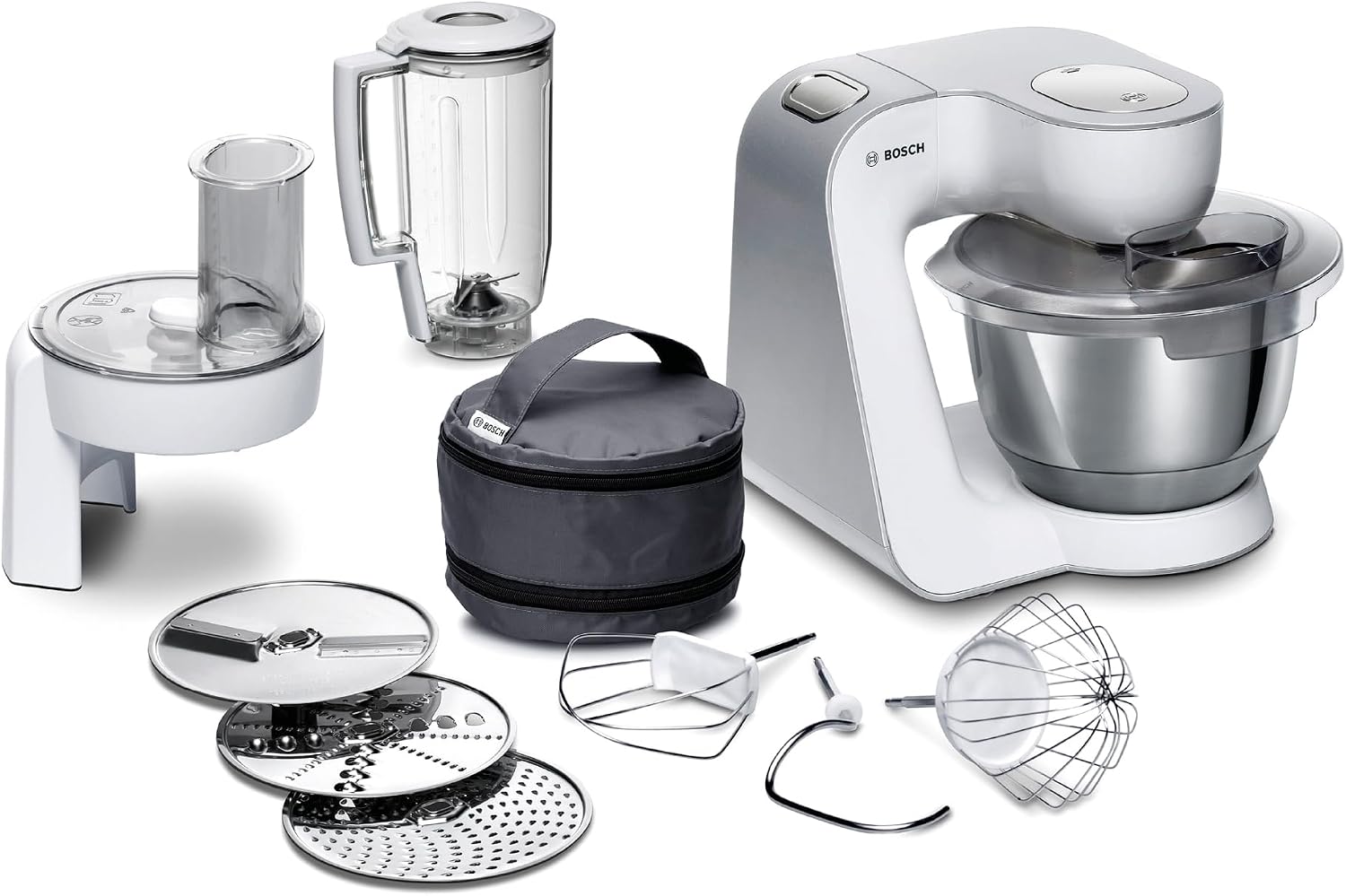 غذا ساز همه کاره بوش آلمان Bosch Series 4 MUM58W20، کاسه استیل 3.9 لیتری، همزن 1.25 لیتری، همزن سیاره ای، قلاب خمیر، همزن فولادی ضد زنگ، خردکن پیوسته، 3 دیسک، 1000 وات