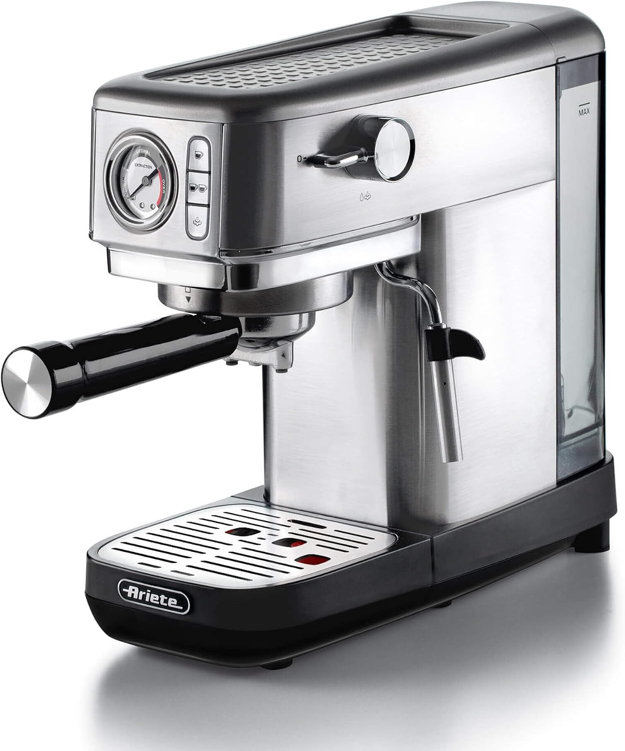 اسپرسو ساز آریته ایتالیا Ariete Espresso Slim Metal 1381 قهوه ساز با فشار سنج سازگار با پودر قهوه و پد ESE حداکثر 15 بار فیلتر 1 یا 2 فنجان کف کن کاپوچینو 1300 وات نقره نقره ای با فشار سنج