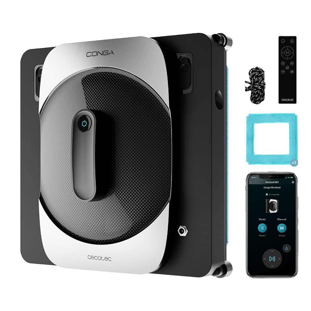 شیشه پاک کن رباتیک سکوتک اسپانیا Cecotec با اپلیکیشن و کنترل از راه دور Conga Windroid 1290 طراحی مربعی برای دسترسی به همه گوشه‌ها، عملکرد اسپری دوگانه
