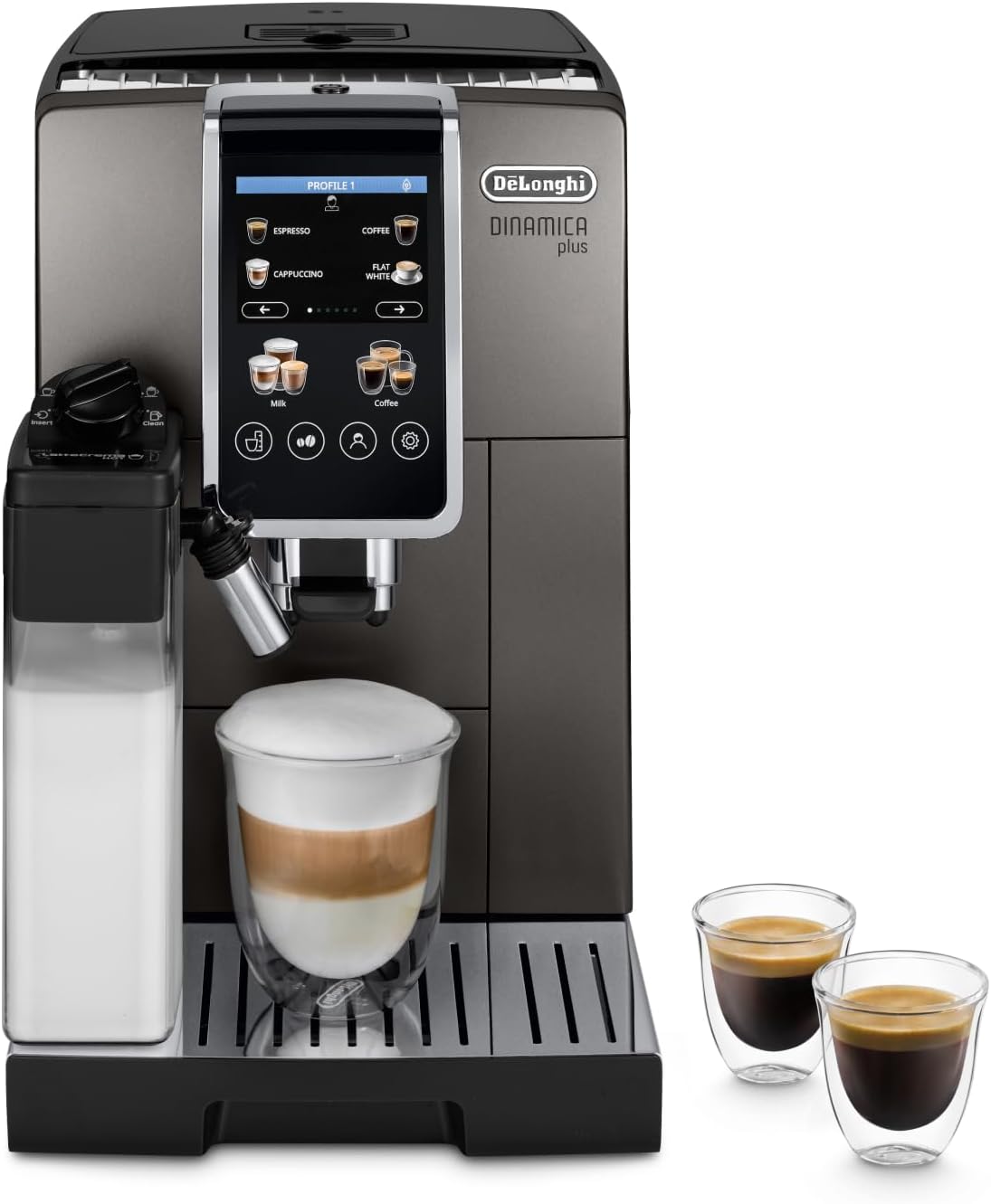اسپرسو ساز قهوه ساز تمام اتوماتیک دلونگی ایتالیا DeLonghi Dinamica Plus ECAM380.95.TB قهوه ساز تمام اتوماتیک با سیستم شیر LatteCrema، کاپوچینو تک لمسی، با 24 دستور پخت، نمایشگر رنگی 3.5 اینچی TFT، 1450 وات، تیتانیوم/مشکی