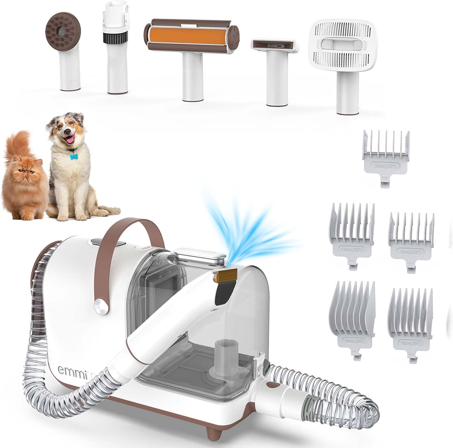 کیت جارو برقی و اصلاح نظافت سگ Emmi-pet Grooming Kit Home - گیره سگ 6 در 1 با جاروبرقی | سه بار استفاده با کلیپر، شانه و جاروبرقی | 6 براش حرفه ای | 3 سطح مکش برای سگ و گربه | با نمایشگر