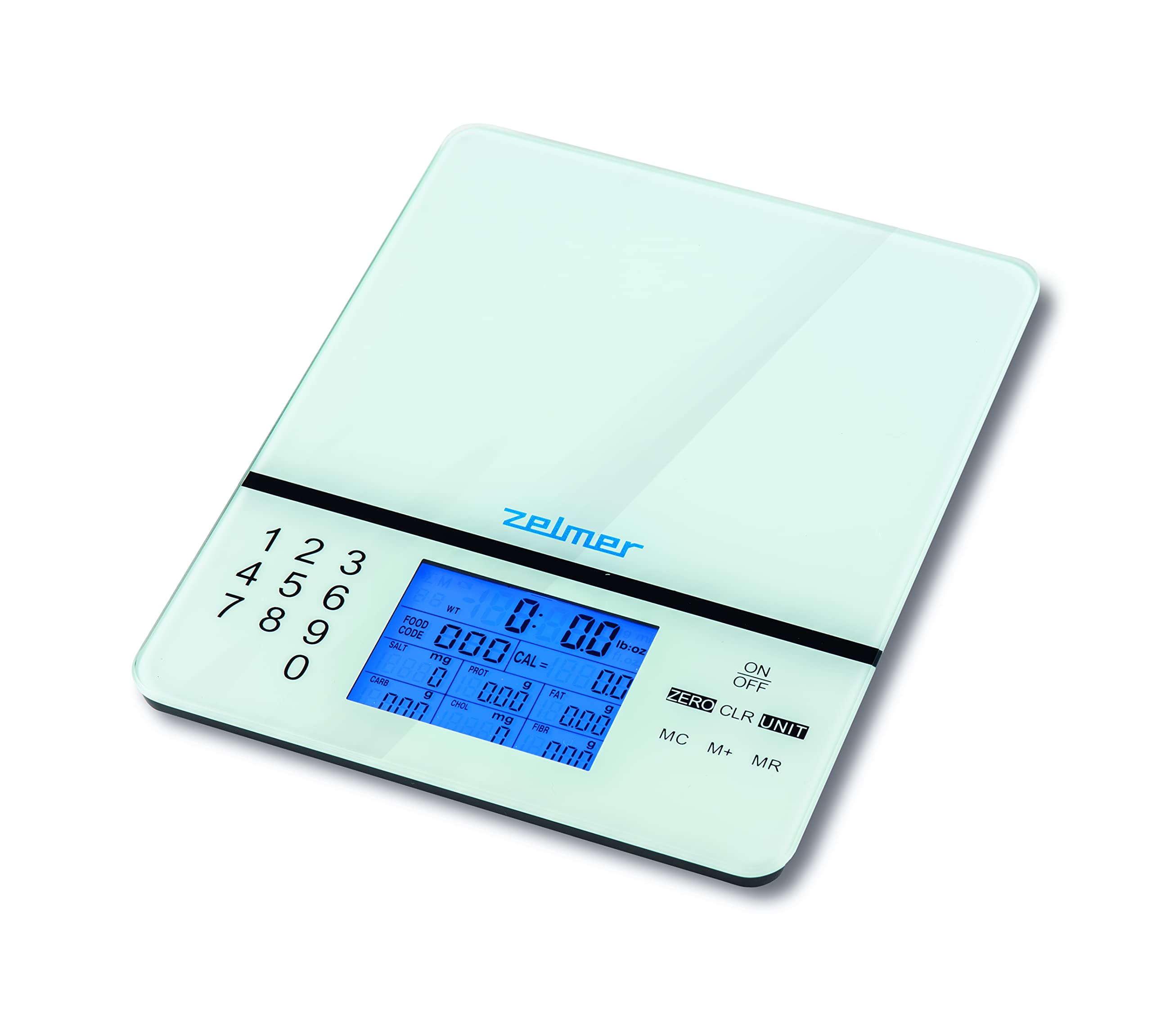 ترازو آشپزخانه رژیمی زلمر لهستان Zelmer ZKS1500N، دارای ۹۹۹ کد محصول، صفحه نمایش LCD با نور پس زمینه، قابلیت وزن کشی، سفید
