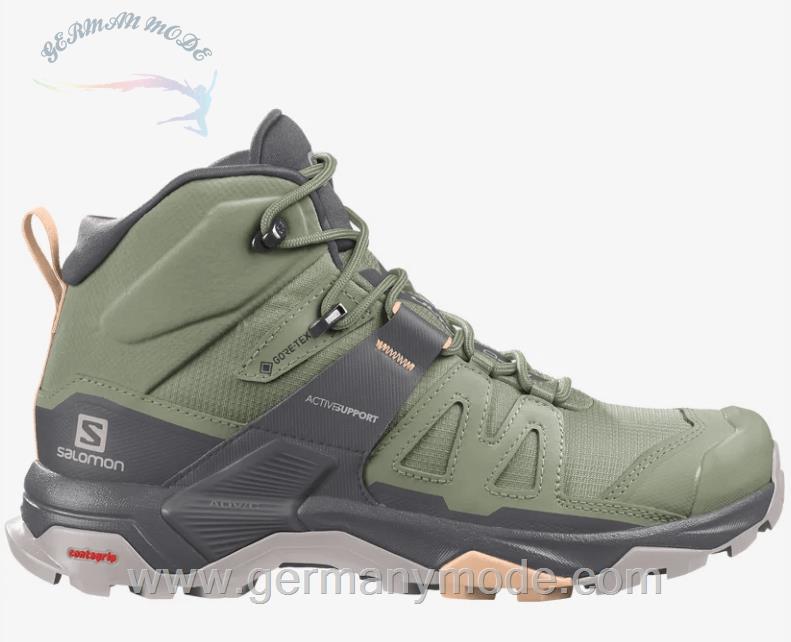 کتانی هایکینگ کوهنوردی ضد آب زنانه سالامون فرانسه SALOMON X ULTRA 4 MID GORE TEX Hikingschuhe Damen Oil Green Magnet Almond Cream
