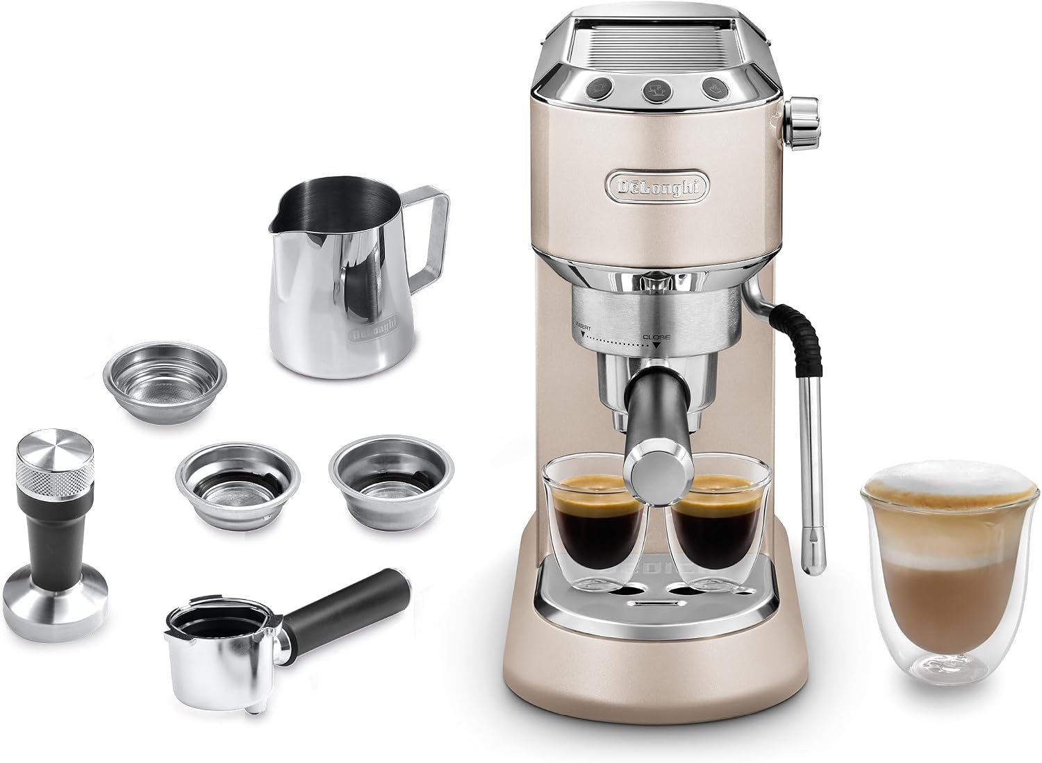 دستگاه پورتافیلتر اسپرسو ساز دلونگی ایتالیا DeLonghi Dedica Arte EC 885.BG دستگاه اسپرسوساز با نازل فوم شیر MyLatteArt، طراحی جمع و جور، عرض 15 سانتی متر، مخزن آب 1 لیتری، پد ESE مناسب بژ شامل کیت باریستا