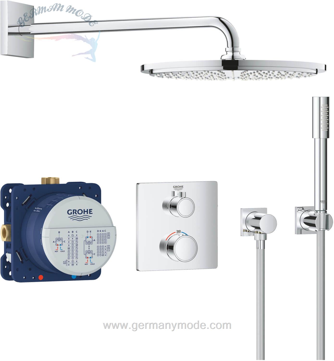 ست شیرآلات دوش حمام توکار گروهه آلمان GROHE Grohtherm mit Rainshower Cosmopolitan 310 Design eckig Chrom 34730000