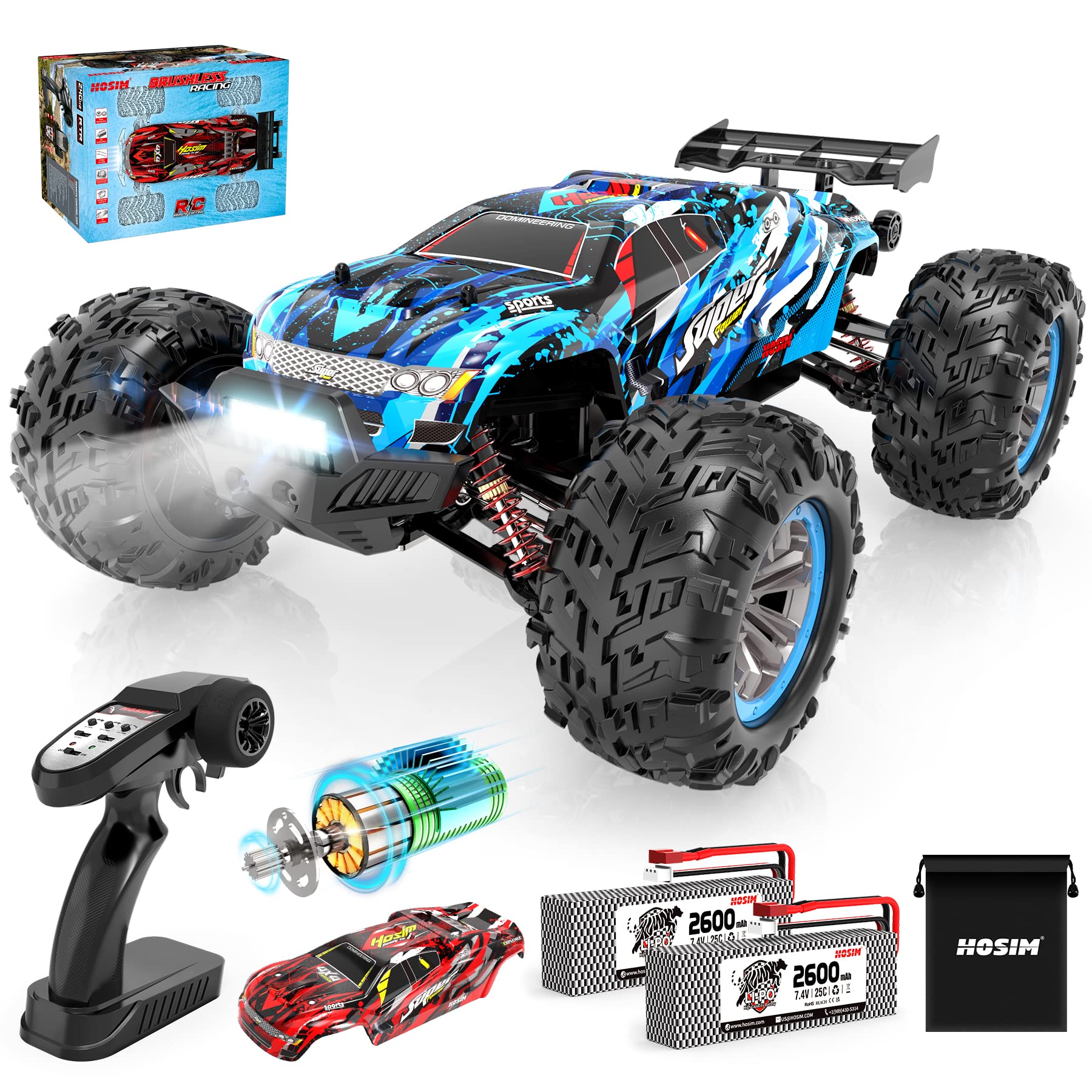 خرید از آمازون - Hosim 1:10 Brushless RC Car, 4WD High Speed 68+ km/h Remote Control Car بزرگسالان, Fast Hobby Grade RC Off-Road Truck Kids (آبی، X07) براشلس - آبی