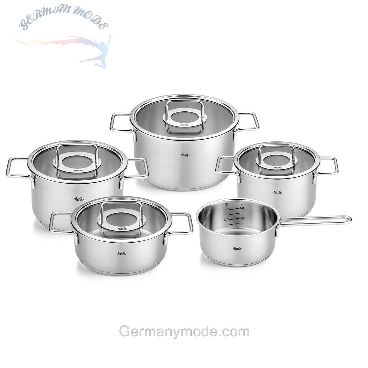 سرویس قابلمه استیل 5 عددی فیسلر آلمان قابلمه با درب شیشه ای Fissler Pure Collection (3 قابلمه، 1 ماهیتابه، 1 قابلمه) القایی
