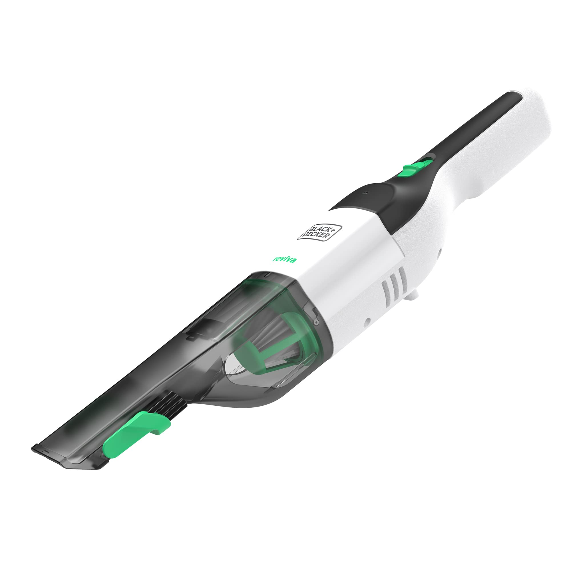 جارو شارژی بلک اند دکر آمریکا BLACK+DECKER reviva (7.2 ولت، 2.0 آمپر ساعت، محفظه پایدار ساخته شده از پلاستیک بازیافتی 50 ولت، طراحی باریک، با برس اثاثه یا لوازم داخلی تاشو، از جمله شارژر) REVHV8CA