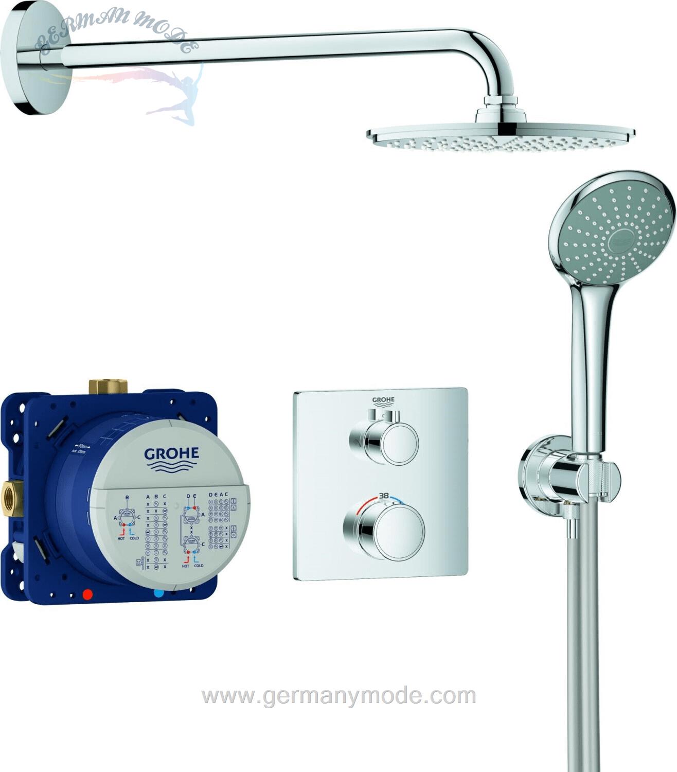 ست شیرآلات دوش حمام توکار گروهه آلمان GROHE Grohtherm mit Rainshower Cosmopolitan 210 Design eckig Chrom 34734000