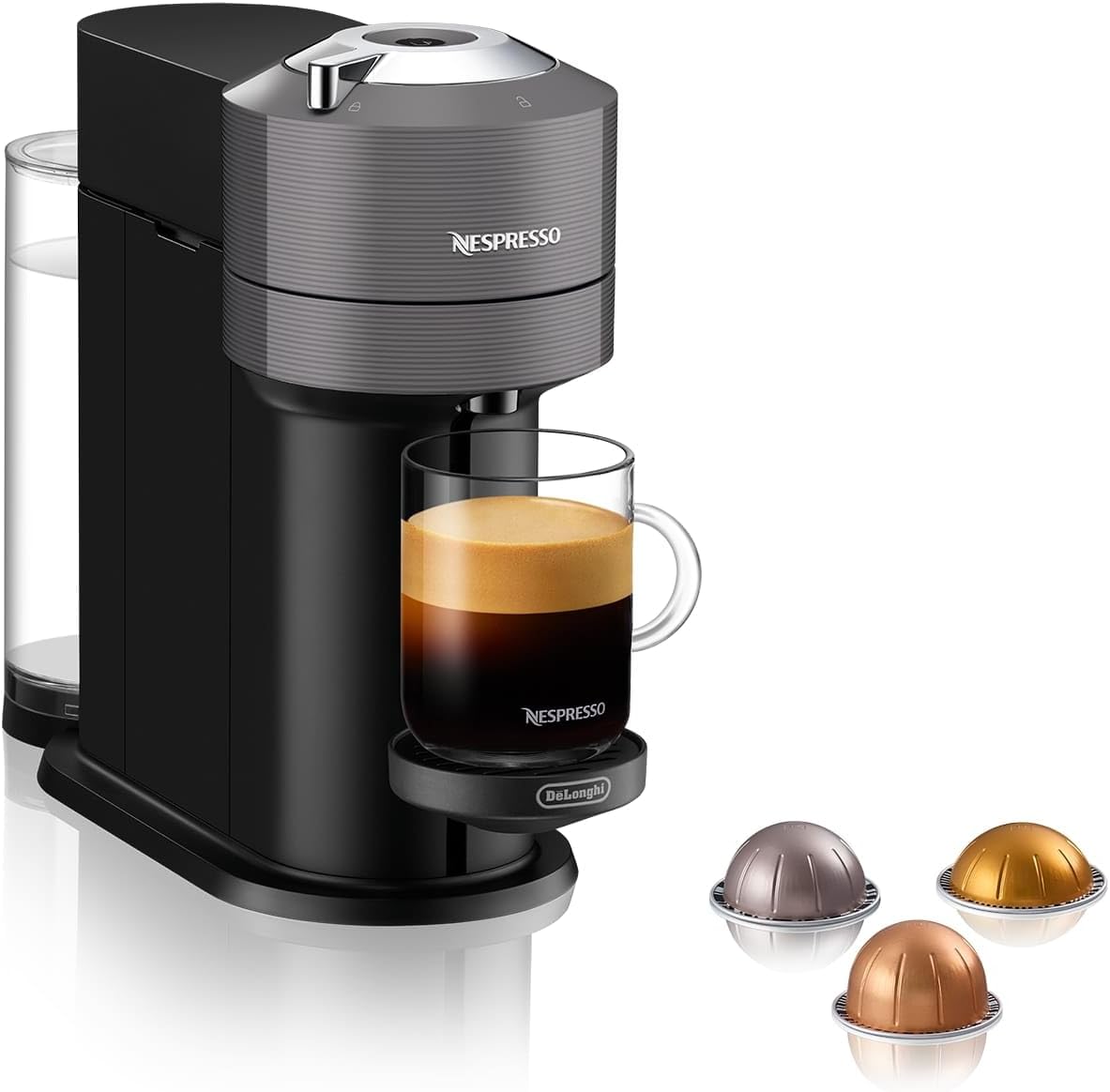 نسپرسو ساز دلونگی ایتالیا Nespresso DeLonghi ENV 120.GY Vertuo Next، 1500 وات، 1.1 لیتر، 42.9 x 14.2 x 31.9 سانتی متر، خاکستری بدون کف کننده شیر