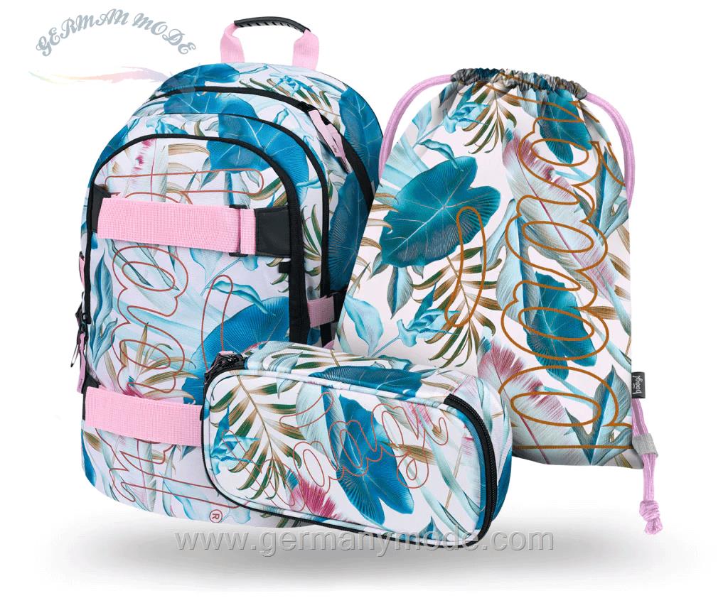 ست 3 تایی کوله پشتی مدرسه کوله ورزشی جامدادی دخترانه بگل Baagl Skate Leafs Rucksack Set 3tlg Rucksack Federmäppchen Turnbeutel