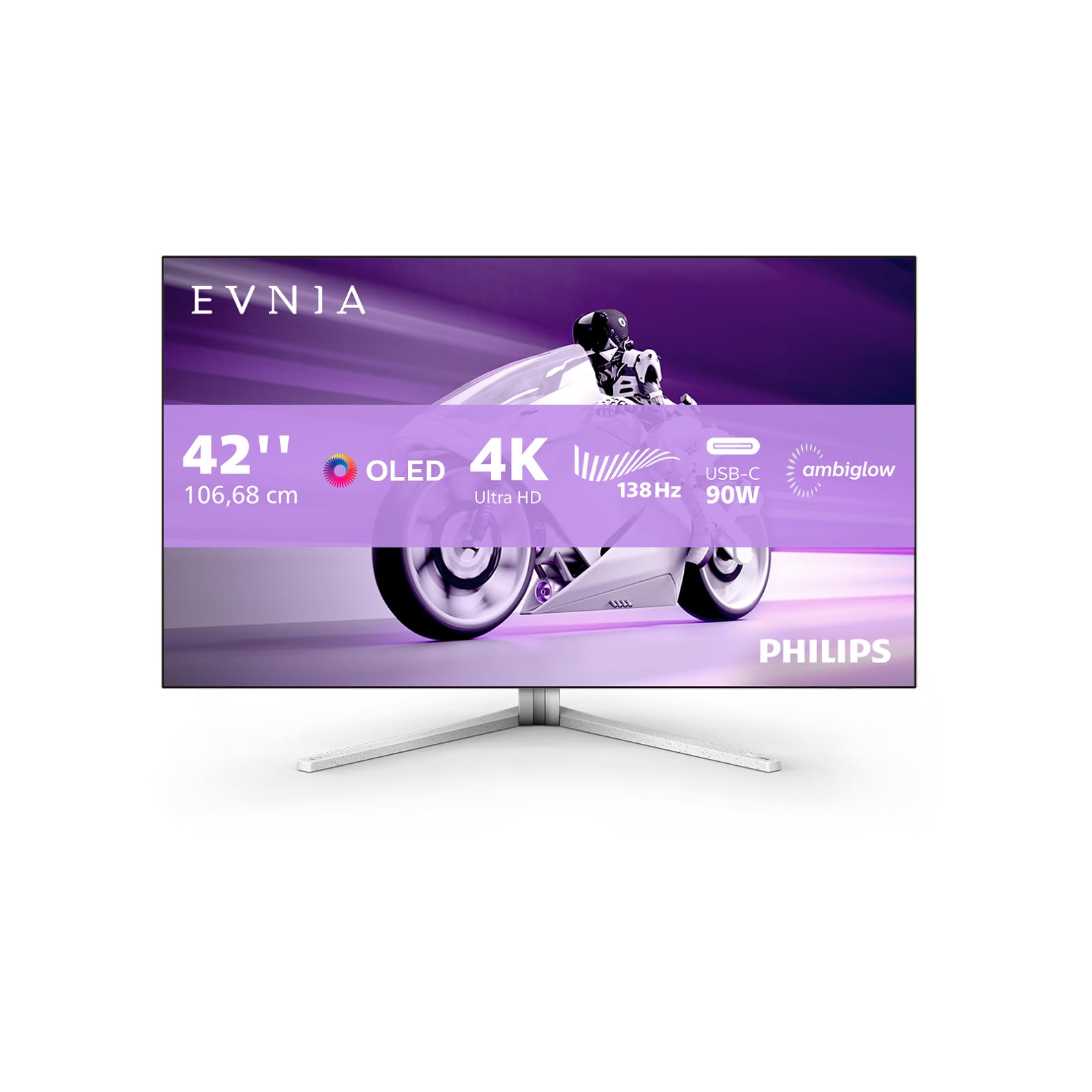 مانیتور بازی PHILIPS Evnia 42M2N8900-42 Zoll OLED UHD، 138 هرتز، Ambiglow، FreeSync Premium، G-Sync Comp (3840x2160، 0.1ms GtG، HDMI 2.1، DisplayPort، USB-C (90W) Huissb4 Zoll 4K grau/weiss 138Hz