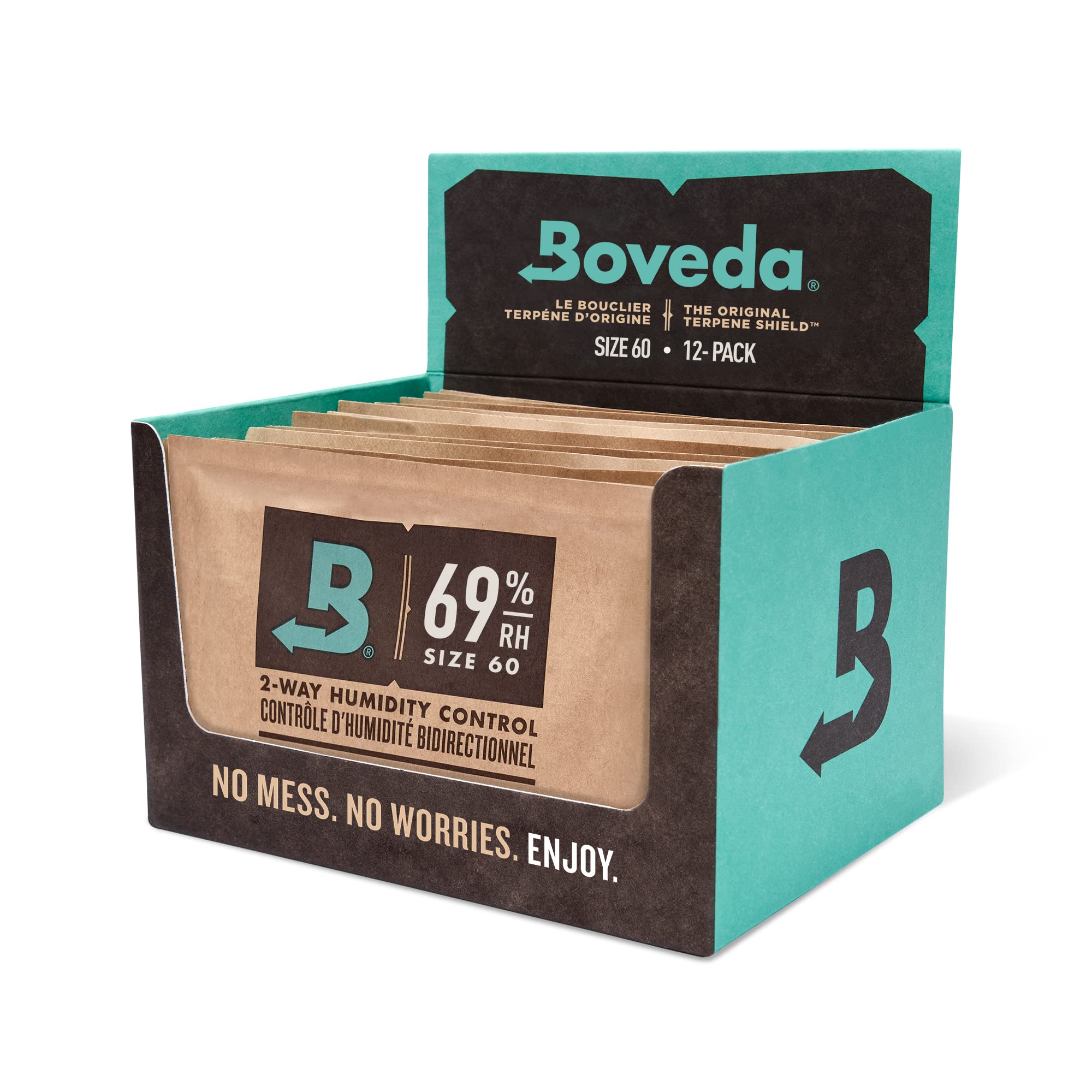 خرید از آمازون - Boveda برای سیگار برگ/تنباکو | کنترل رطوبت 2 طرفه با رطوبت نسبی 69 درصد | سایز 60 برای استفاده 25 سیگار در رطوبت ساز | فناوری ثبت اختراع برای مرطوب کننده سیگار | جعبه فروش 12 عددی