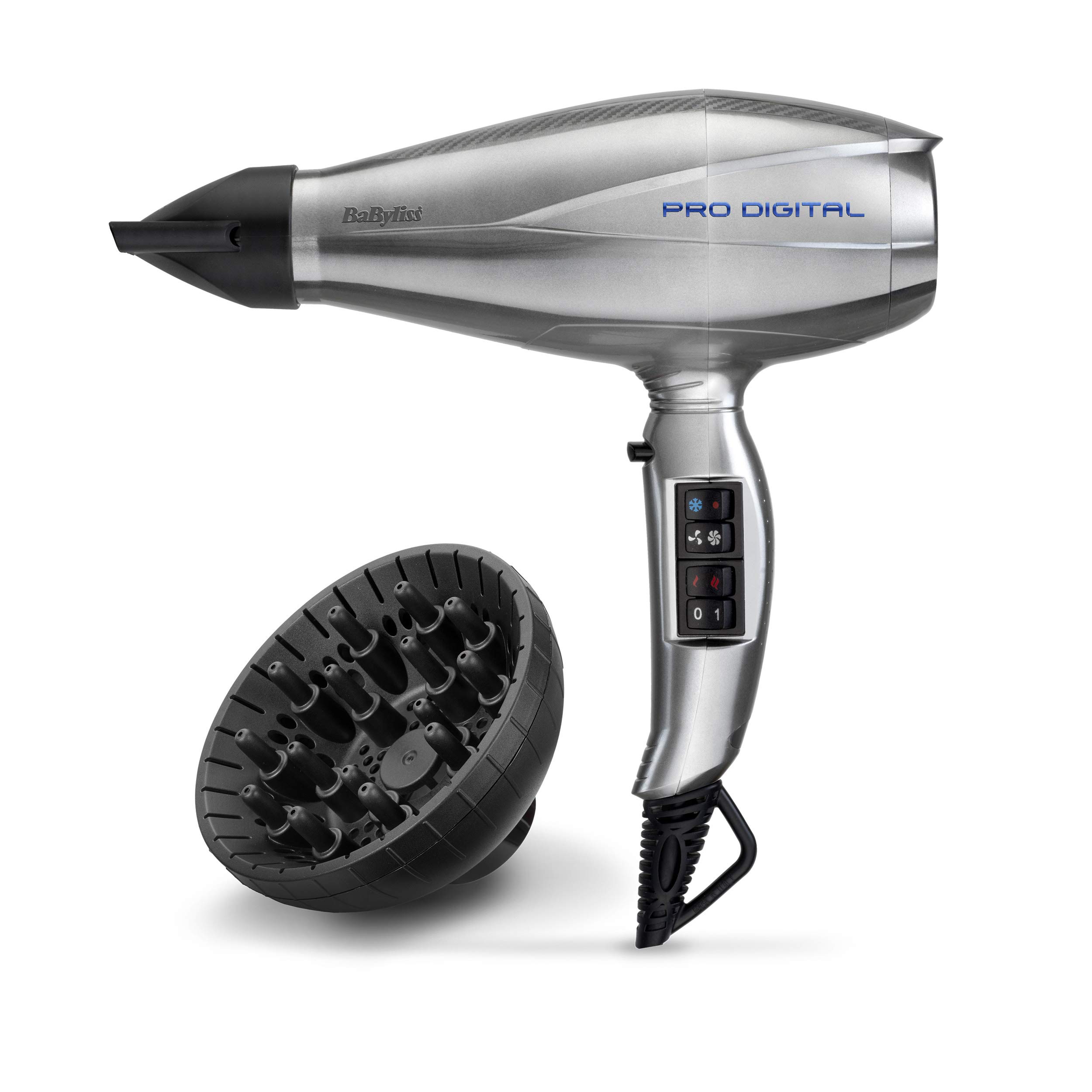 سشوار بابیلیس فرانسه - سشوار حرفه ای 2200 وات دیجیتال BaByliss Pro با فناوری یون و پوشش سرامیکی ساخت ایتالیا 6000E تک نقره ای