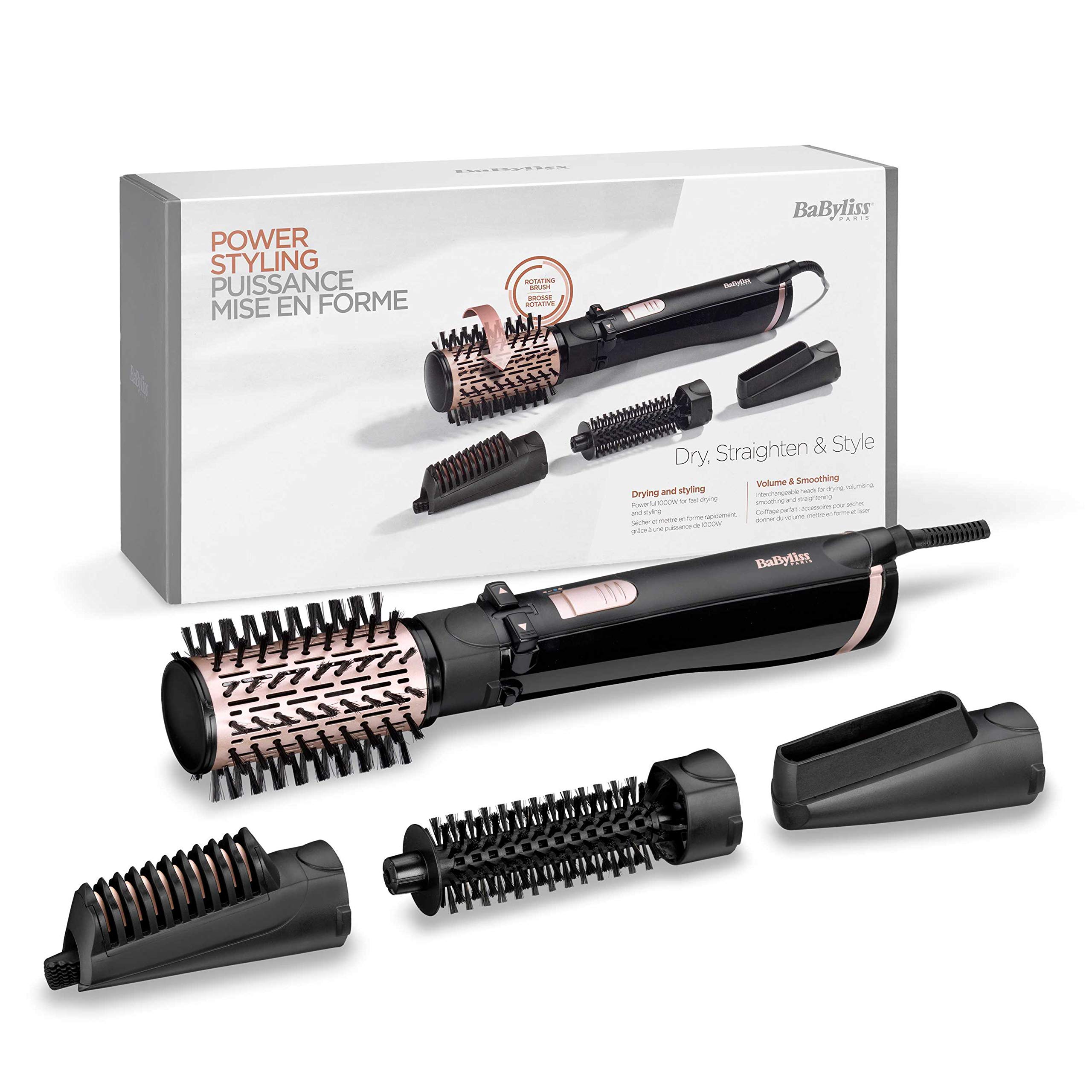برس گرد حرارتی بابیلیس فرانسه - ست برس هوای گرم چرخشی BaByliss AS200E Brush & Style Ionic 1000 وات 4 ضمیمه مشکی ست 5 تکه