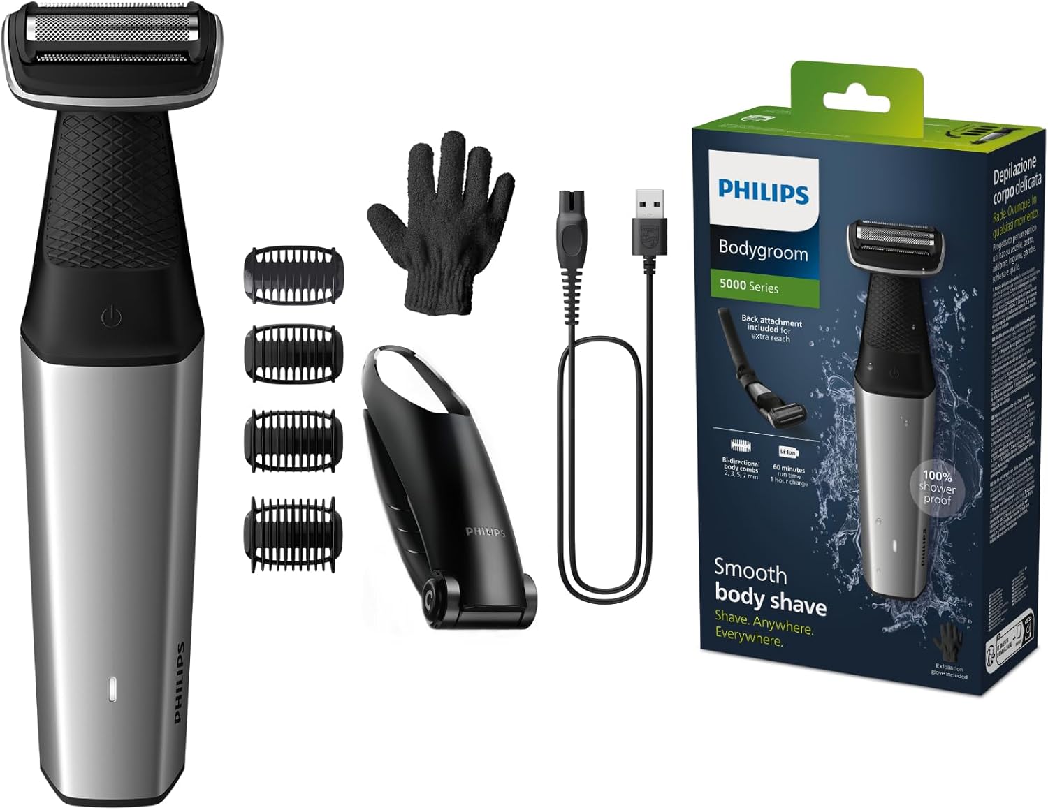 ماشین اصلاح بدن فیلیپس Philips Bodygroom Series 5000، موبر ضد آب برای مناطق صمیمی و بدن، اصلاح نزدیک و راحت، مراقبت کامل بدن از جمله پشت، 60 دقیقه، مدل BG5021/16 [نسخه جدید] Bodygroom Series 5000.