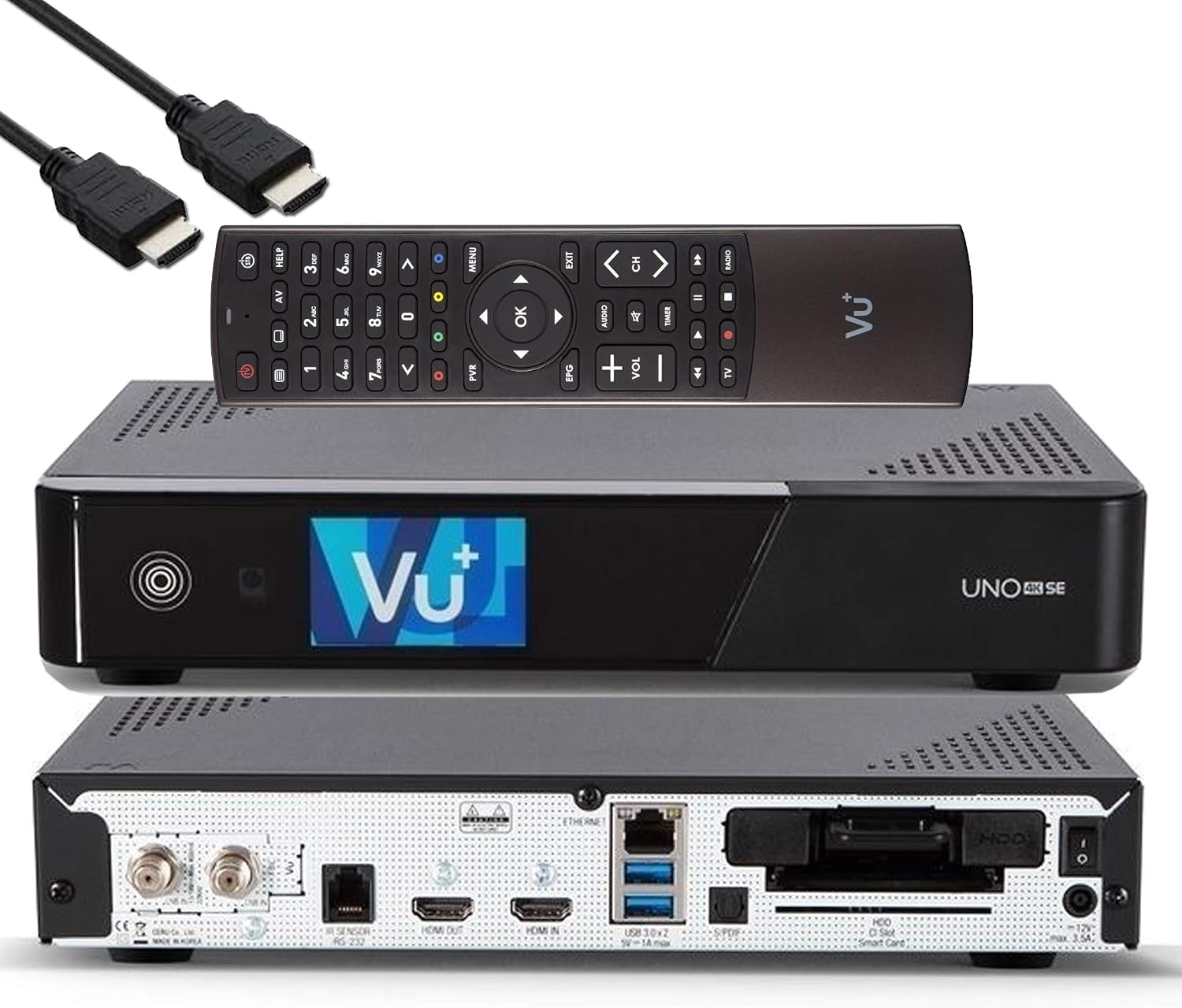 گیرنده VU+ UNO 4K SE - UHD HDR 1x DVB-S2 FBC Sat Twin Tuner E2 Linux، تی وی باکس، یوتیوب، گیرنده هارد دیسک ماهواره، کارت خوان CI+، مدیا پلیر، USB 3.0، شامل کابل HDMI EasyMouse