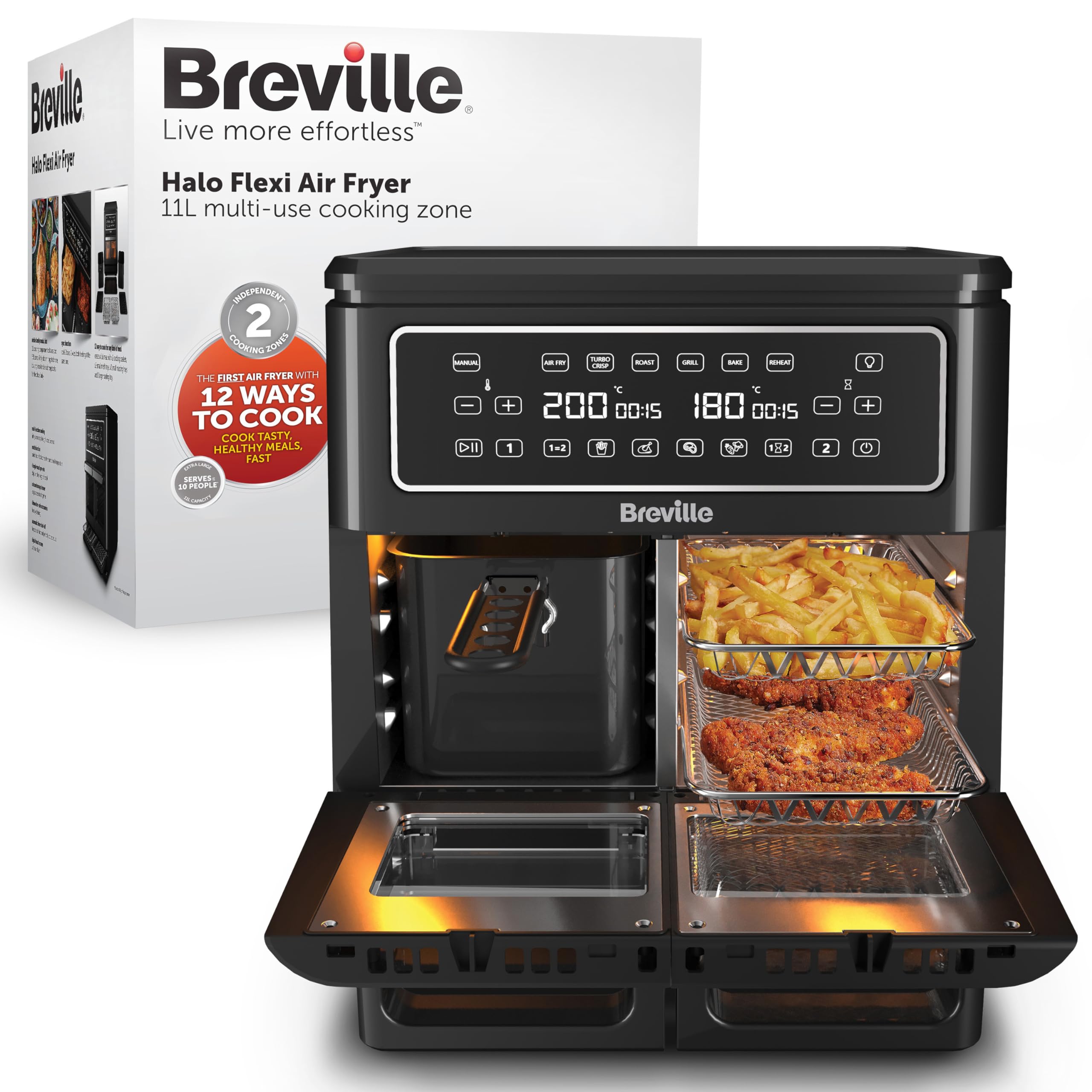 خرید از آمازون - سرخ‌کننده هوای داغ Breville Halo Flexi، سرخ‌کن با هوای داغ دیجیتال دو محفظه، 11 لیتر: برای بیش از 10 نفر، سرخ کردن، پخت، کباب کردن، برشته کردن، برشته کردن و گرم کردن مجدد، 2400 وات، مشکی [VDF130X]